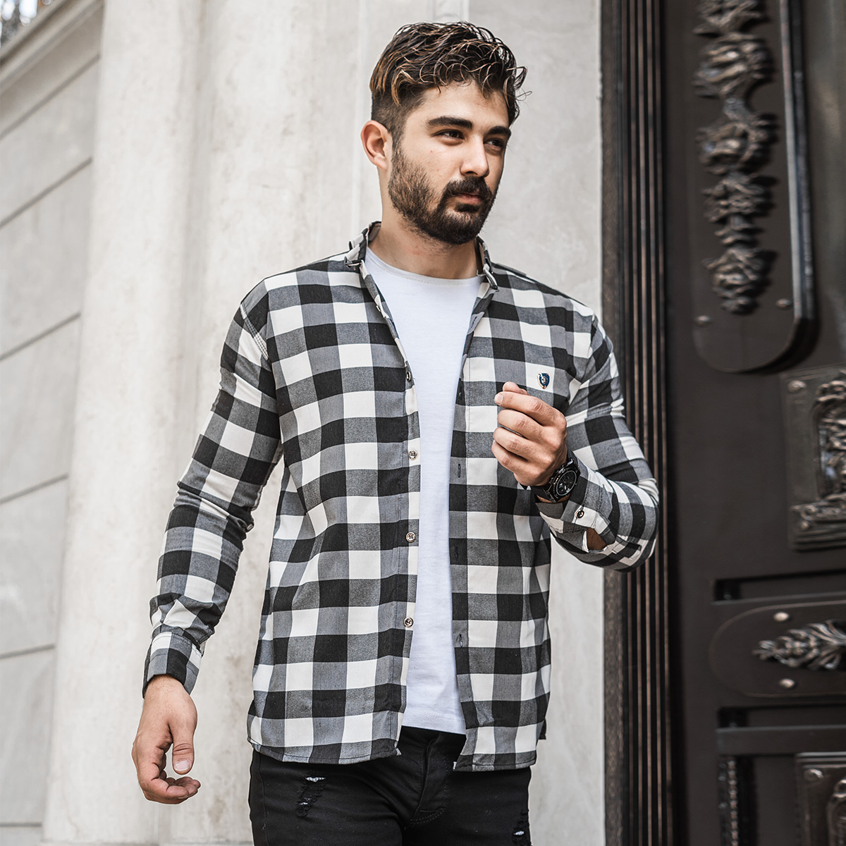 پیراهن چهار خونه مشکی سفید مردانه مدل Kiano