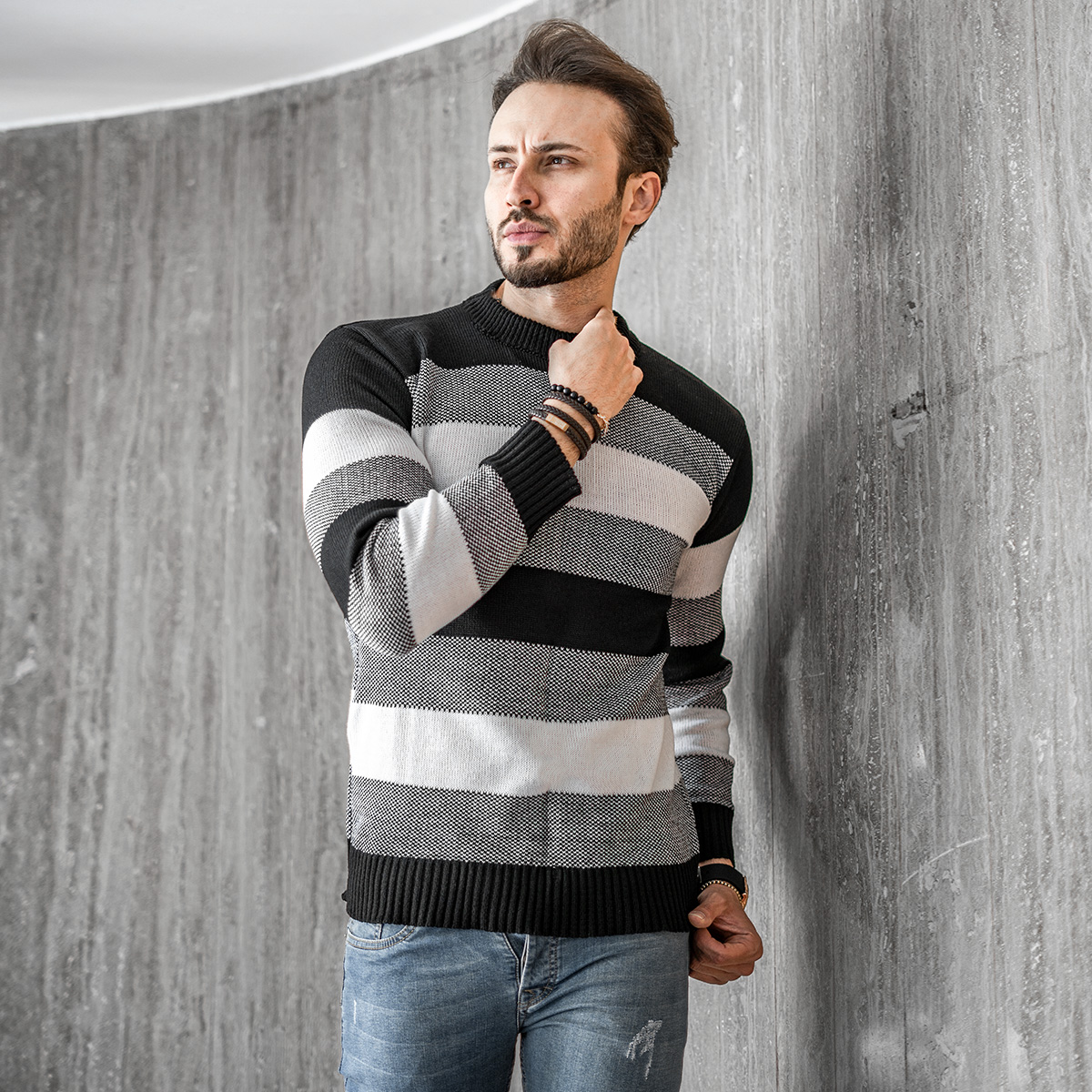 پلیور مردانه راه راه مشکی سفید مدل David