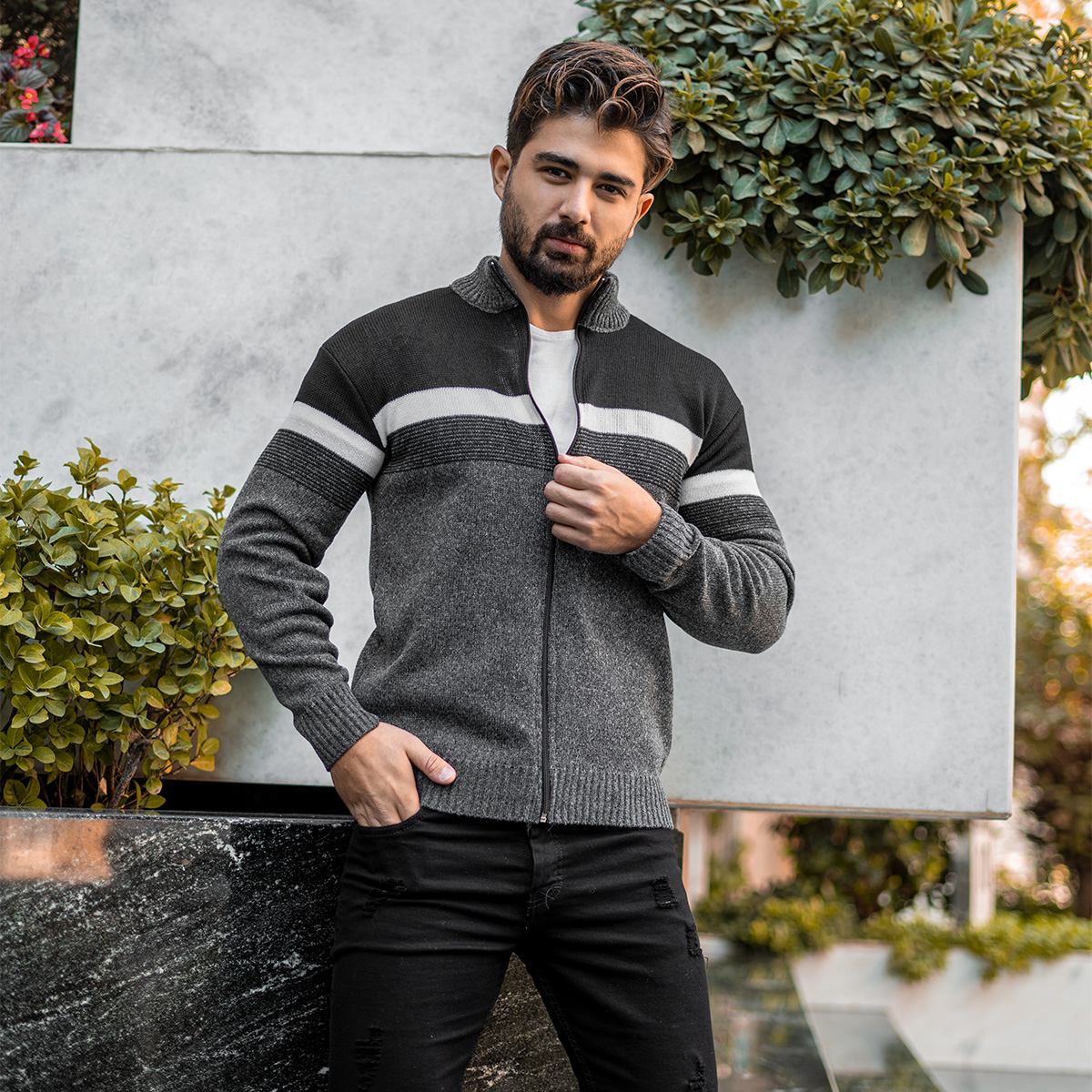 بافت مردانه زیپ دار دورنگ مشکی طوسی مدل shadima