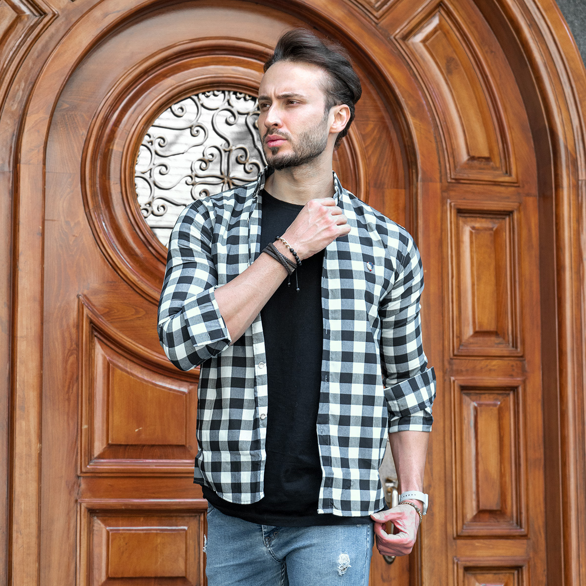 پیراهن چهارخانه مشکی سبز مدل 4560