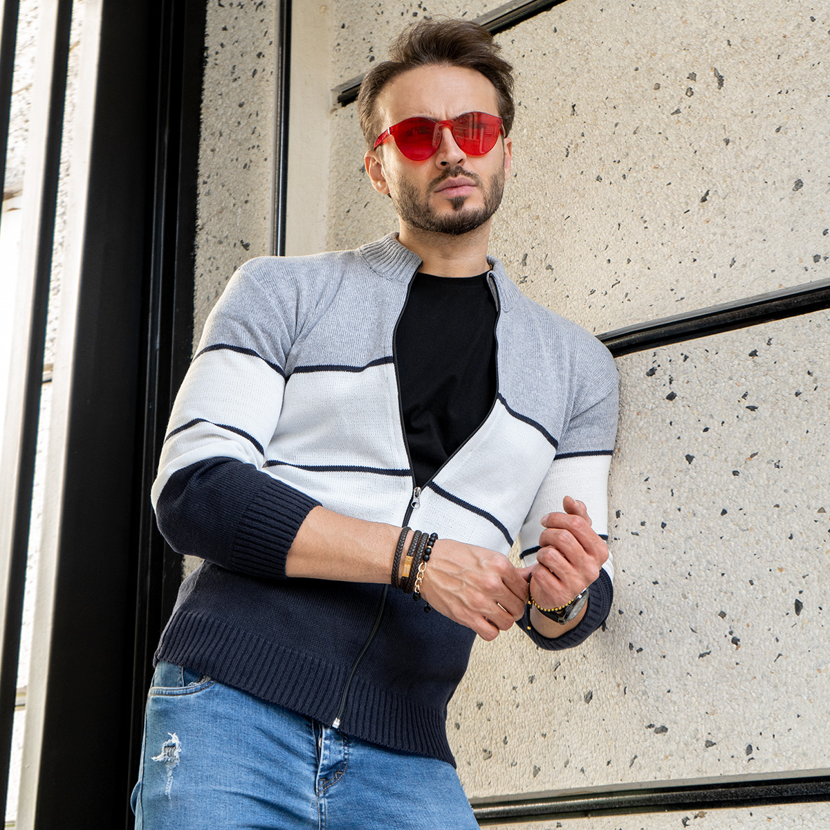 سویشرت بافت زیپ دار مردانه سه رنگ مدل ABED