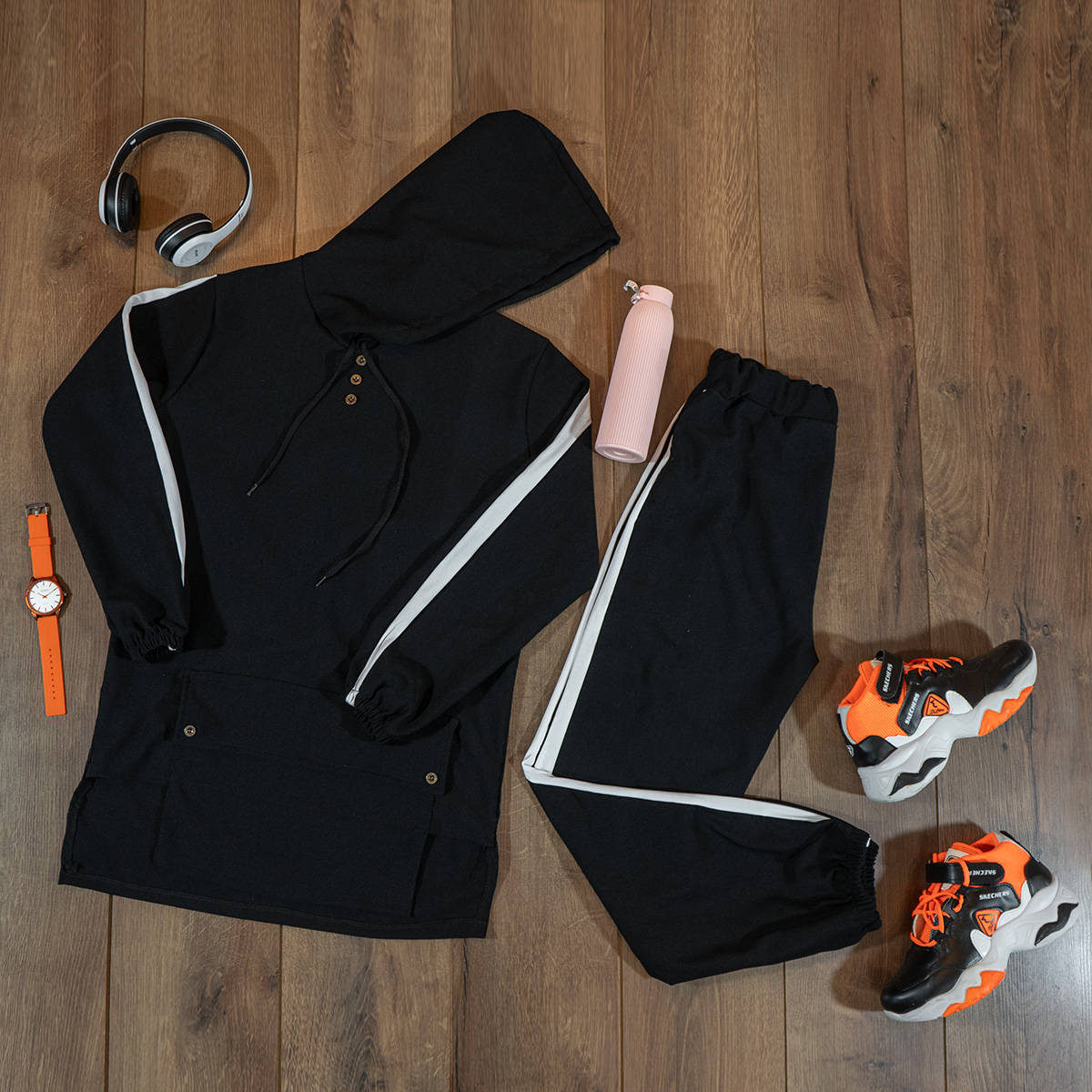 ست هودی شلوار جیب جلو مشکی دخترانه مدل Erina