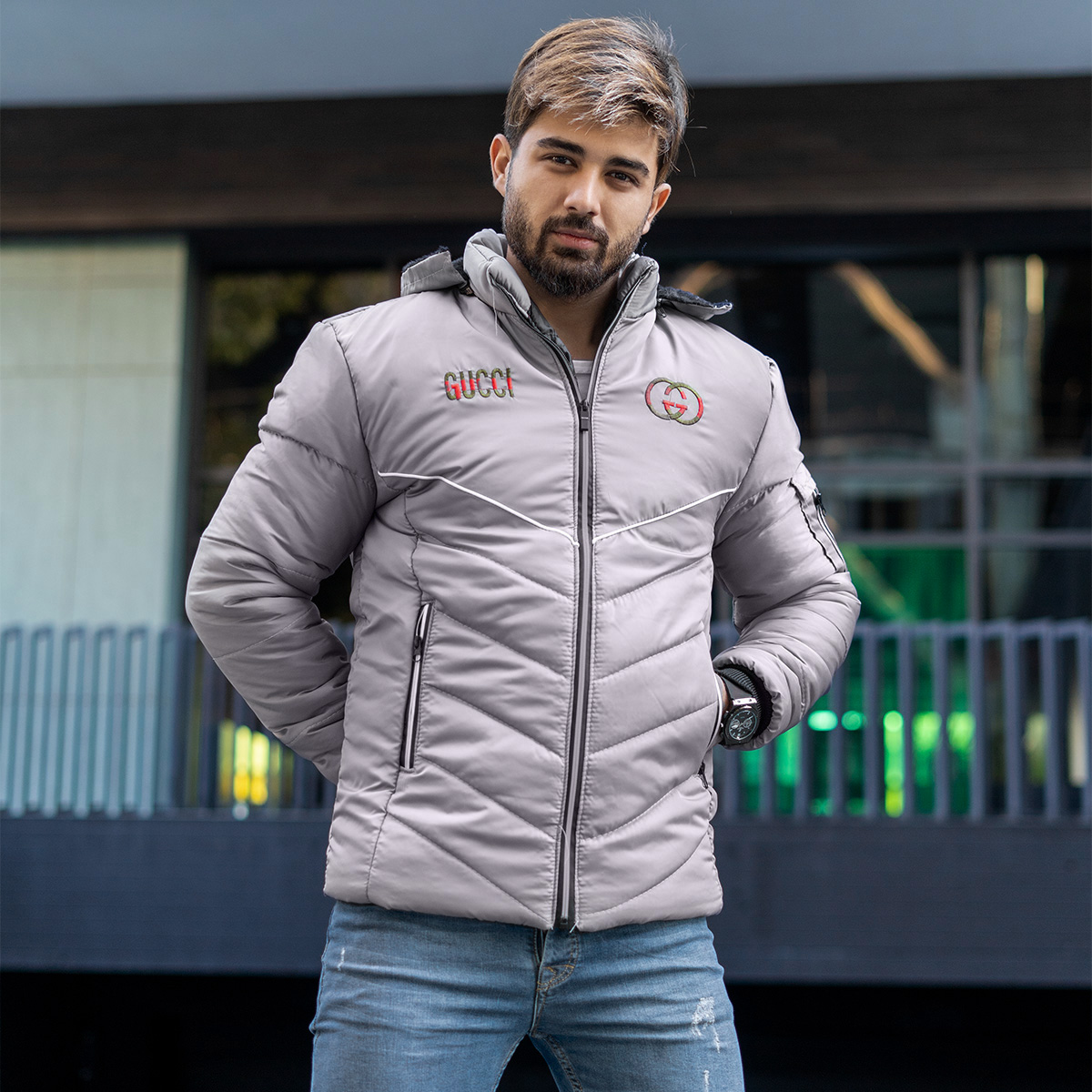 کاپشن مردانه گوچی طوسی مدل D850