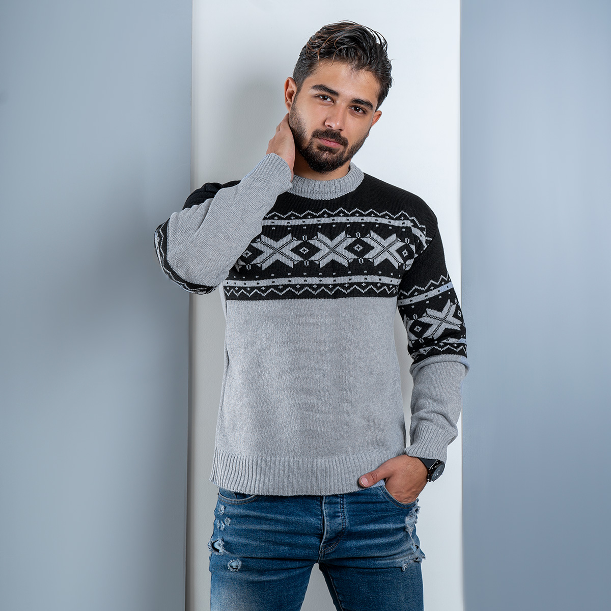 پلیور مردانه (T) مشکی طوسی مدل Servin