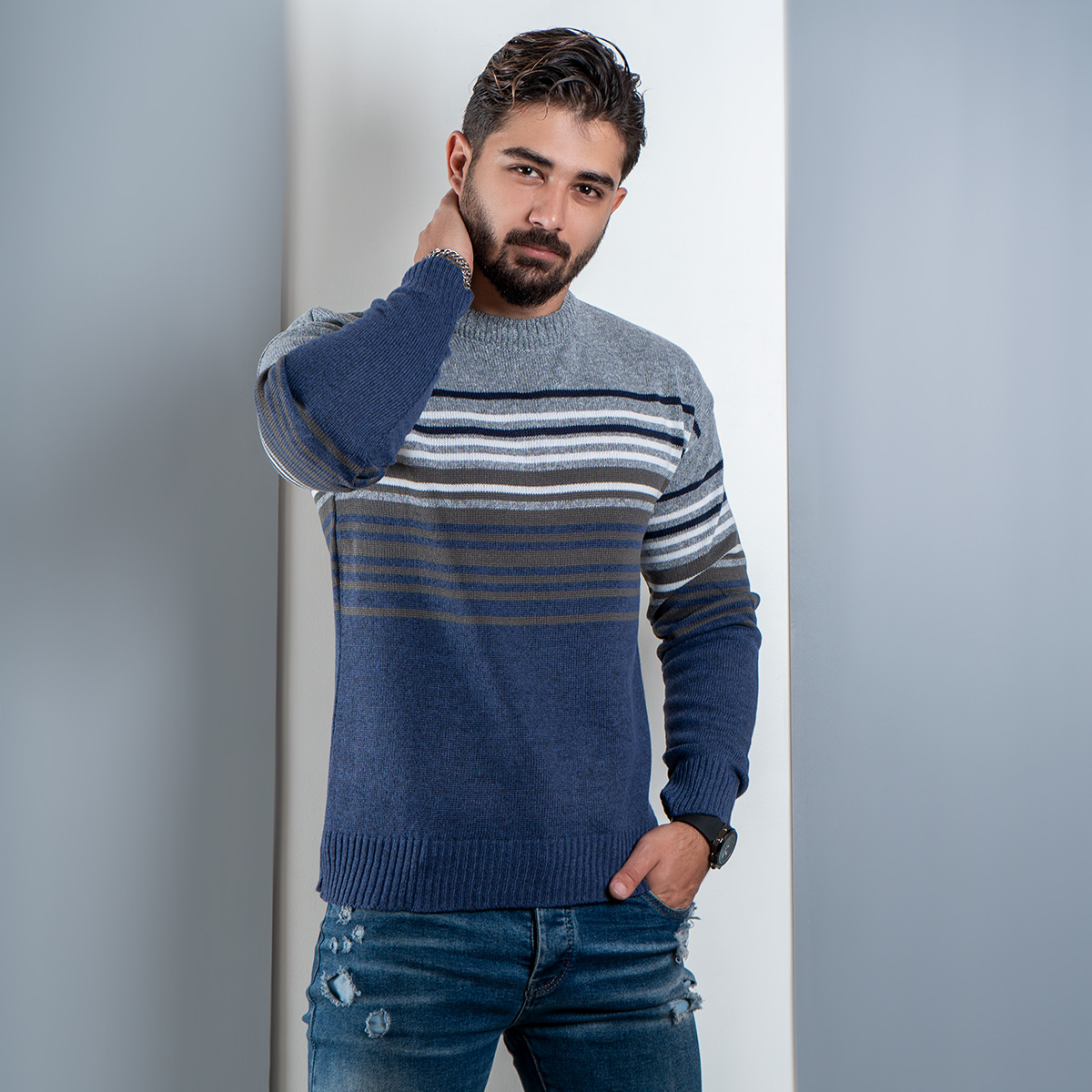 پلیور راه راه سرمه ای کرم(T) مردانه مدل nahed