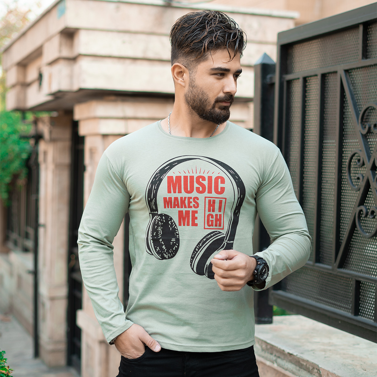 تیشرت آستین بلند مردانه طرح هدست سبز مدل O22