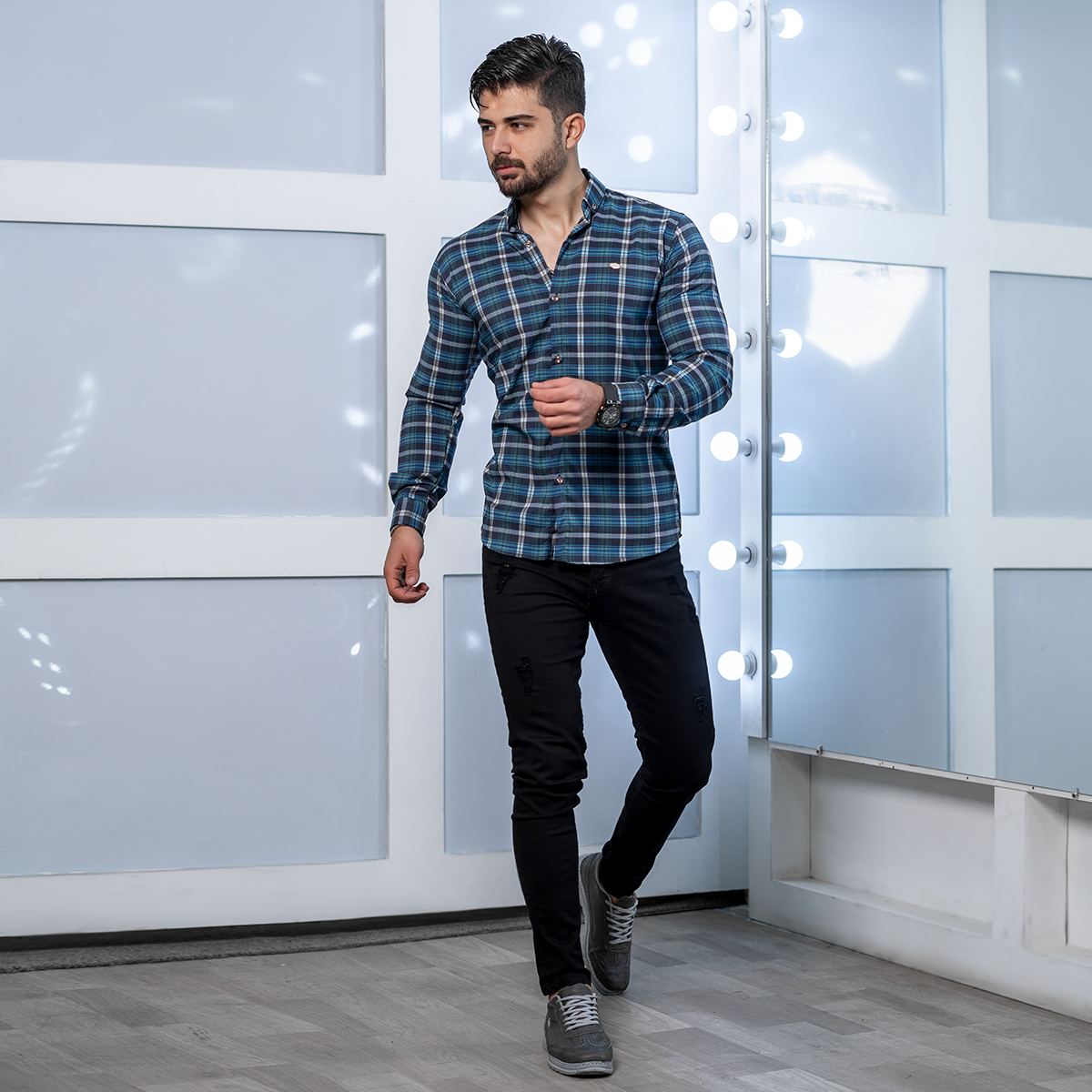 پیراهن چهارخونه سبز سرمه ای مردانه مدل Nadin