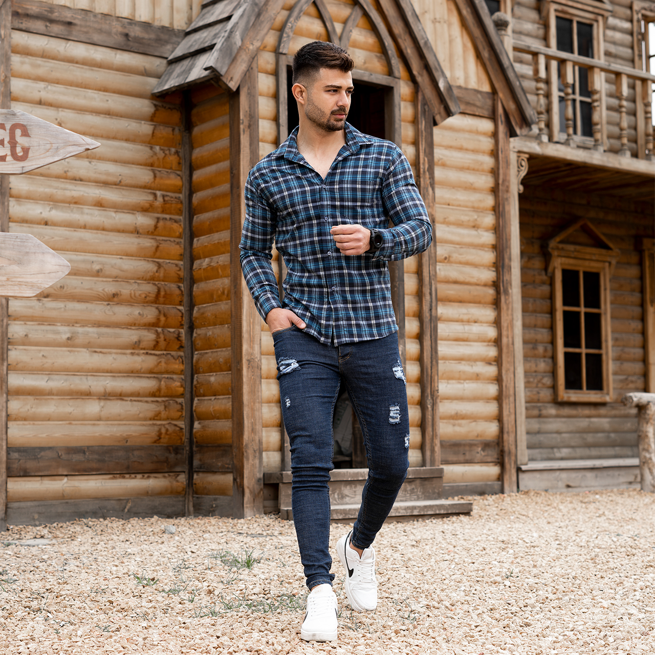 پیراهن چهارخانه آبی سرمه ای مردانه مدلDivan