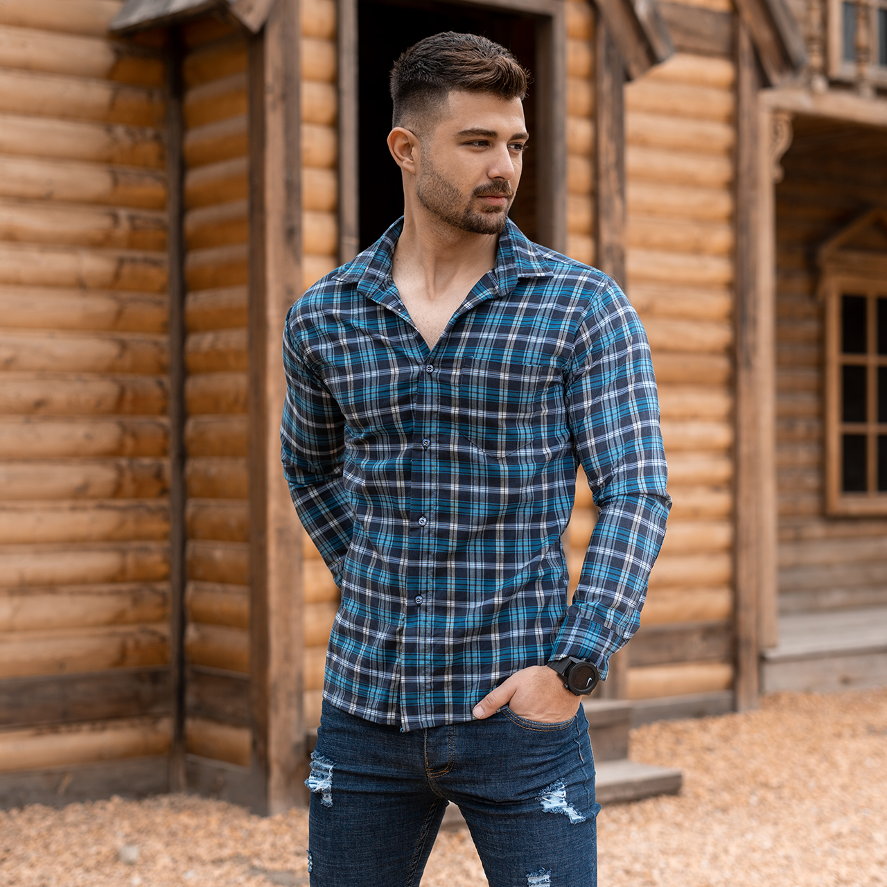 پیراهن چهارخانه آبی سرمه ای مردانه مدلDivan