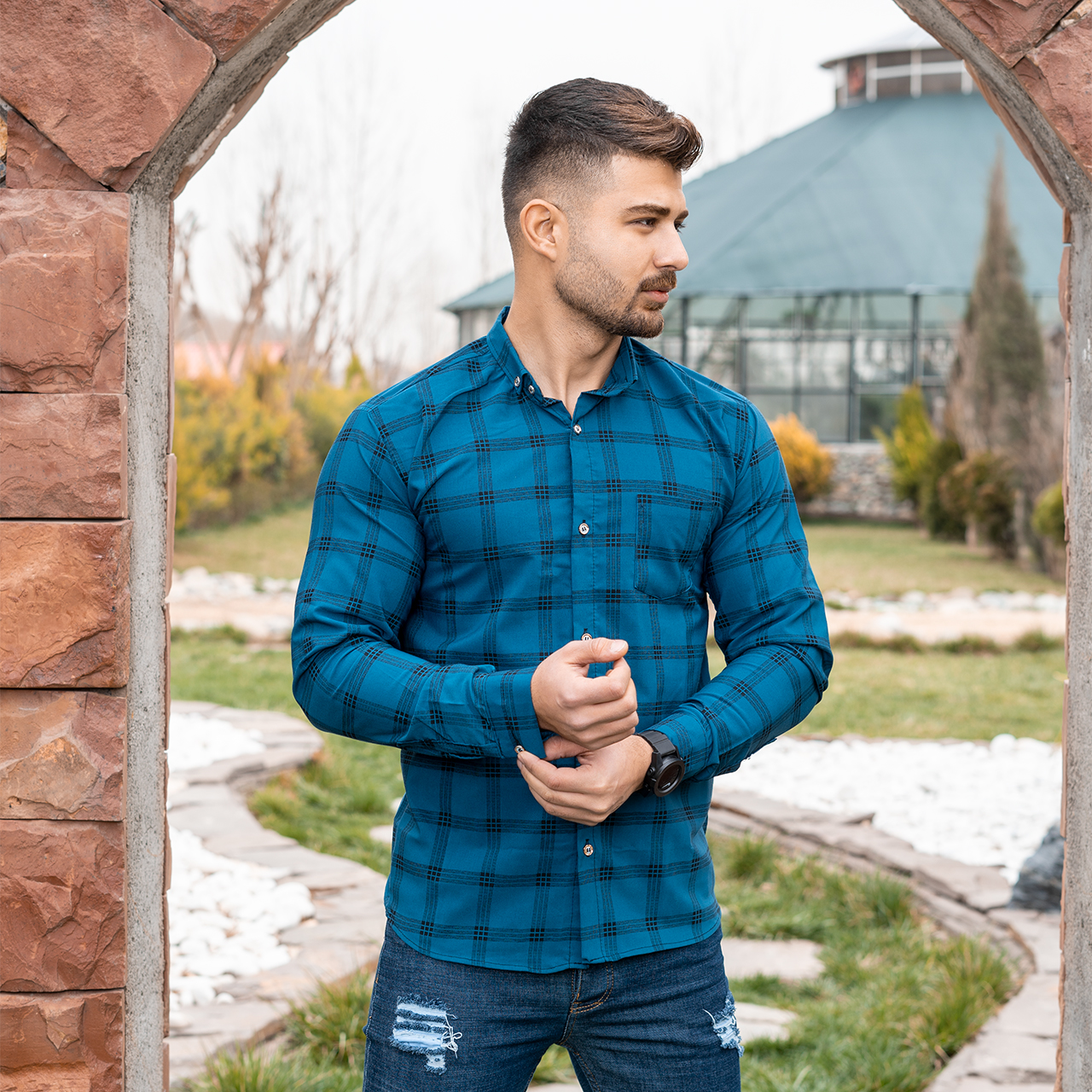 پیراهن مردانه چهارخونه آبی مدل Ravin