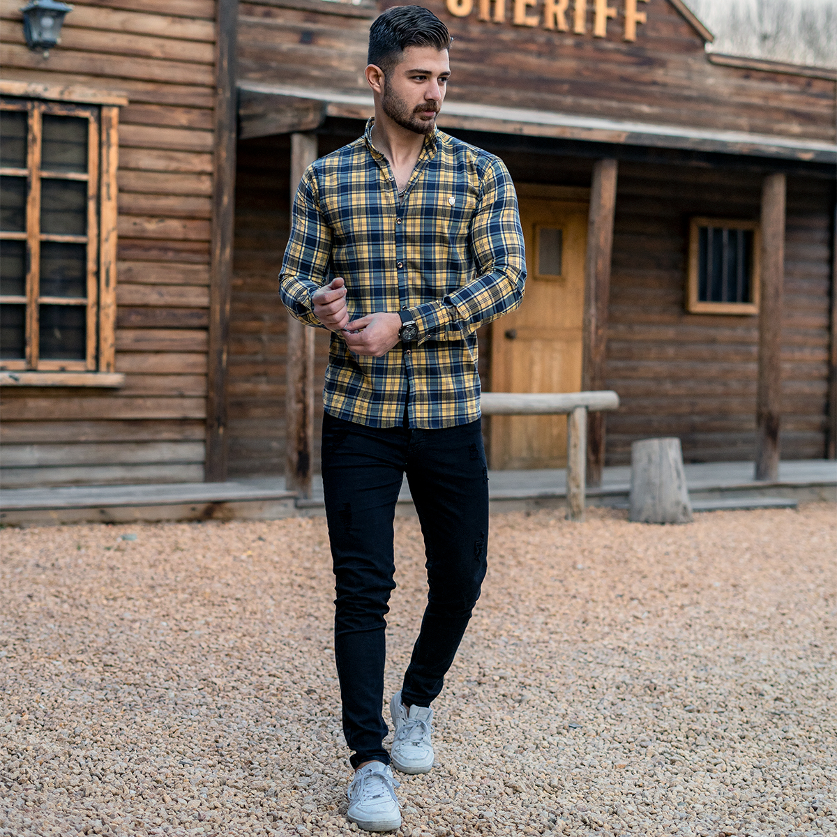 پیراهن چهارخونه سرمه ای زرد مردانه مدل katin