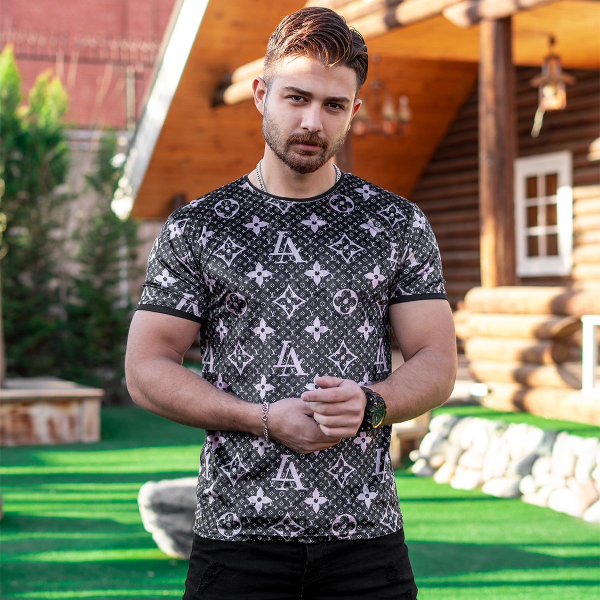 تیشرت مخمل طرحدار مردانه مدل louis vuitton