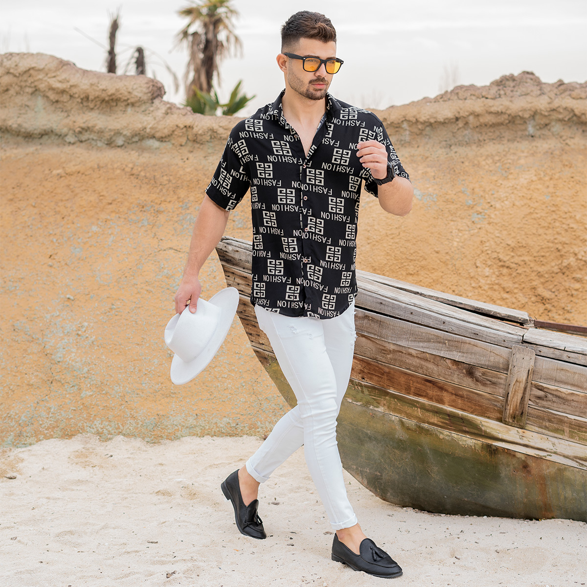پیراهن هاوایی مشکی مردانه مدل F 402