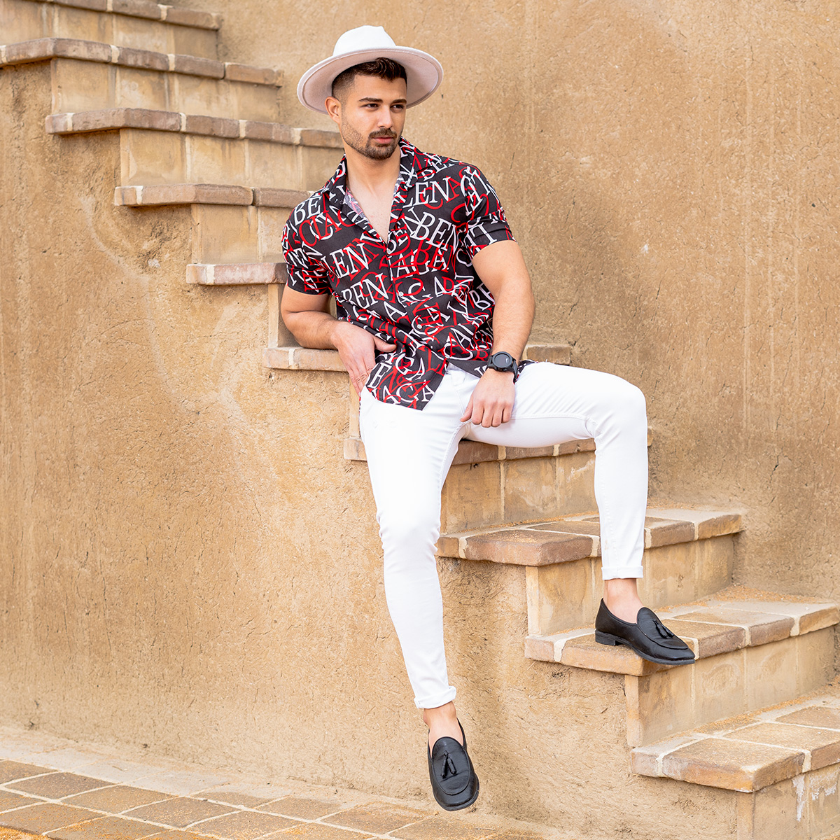 پیراهن هاوایی مردانه مشکی قرمز مدل ABC