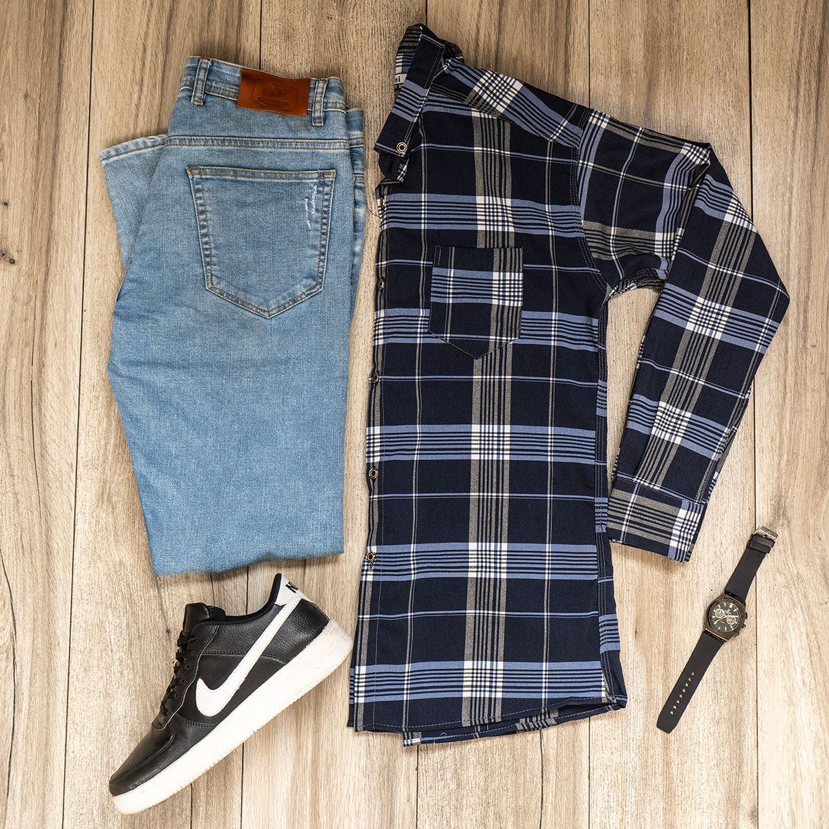 پیراهن راه راه مردانه طوسی آبی مدلwigo