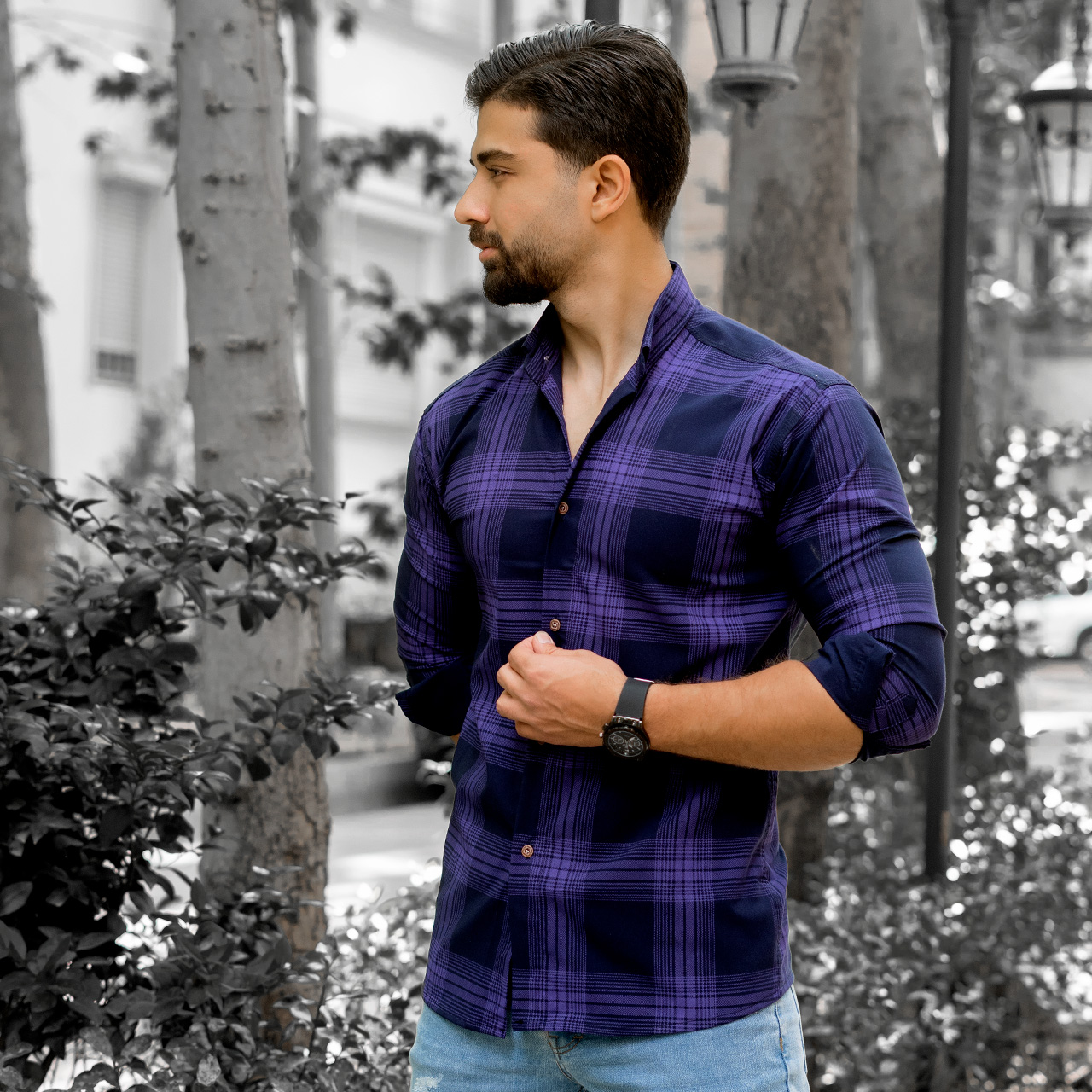 پیراهن مردانه(T) چهار خونه بنفش مدلzava