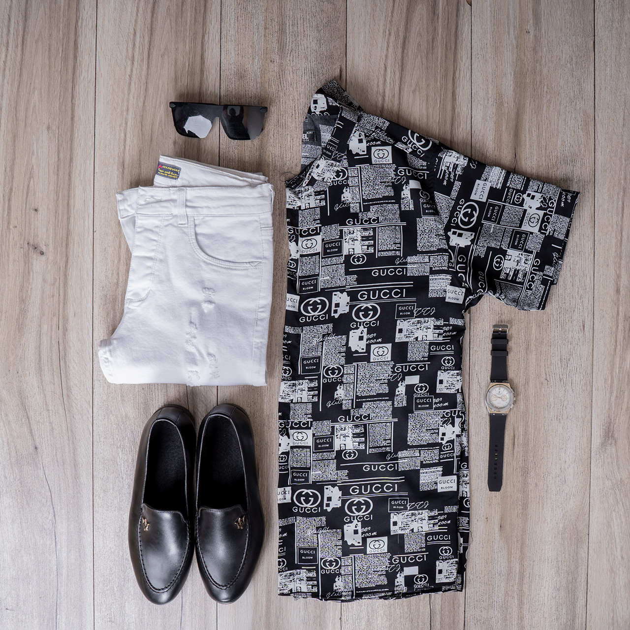 پیراهن هاوایی طرح نوشته مشکی مردانه مدل Gucci