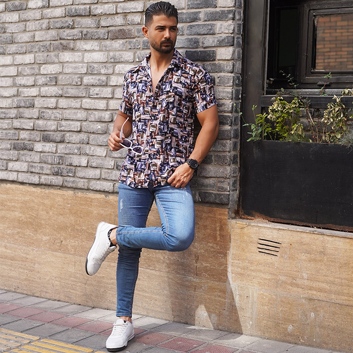 پیراهن هاوایی آبرنگی مربعی مردانه مدل T22