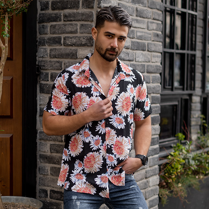 پیراهن مردانه هاوایی طرح گل سفید مدل U12