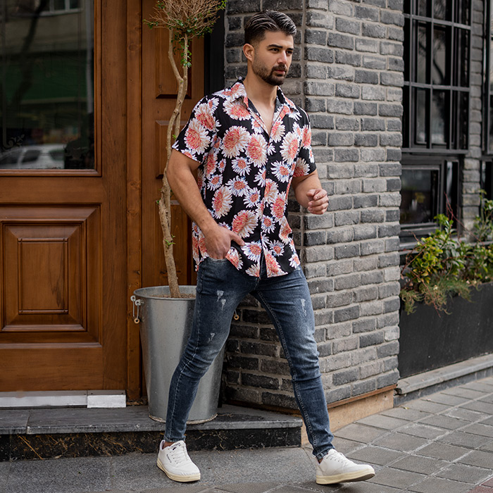 پیراهن مردانه هاوایی طرح گل سفید مدل U12