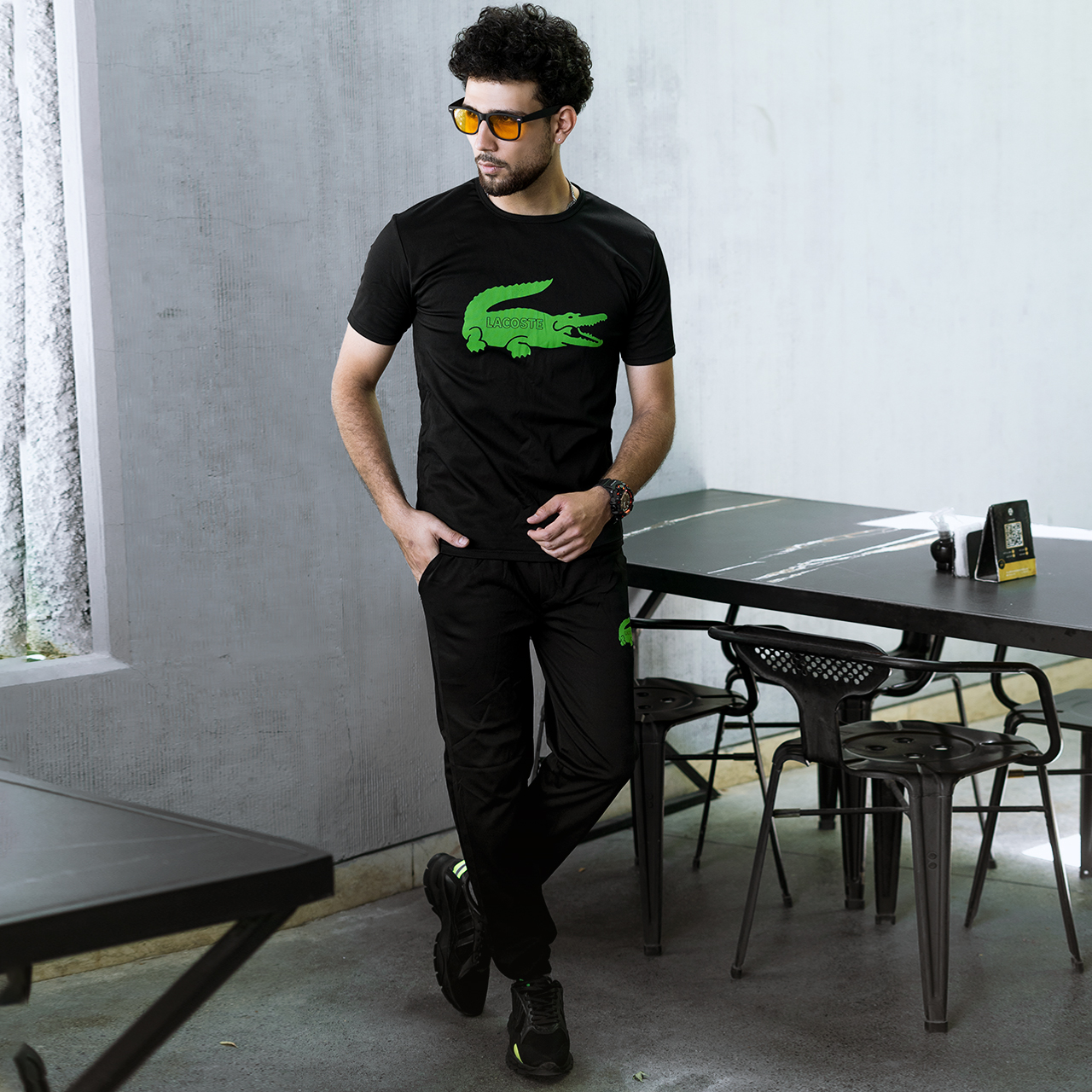 ست تیشرت شلوار لاگوست مشکی مدلRE200