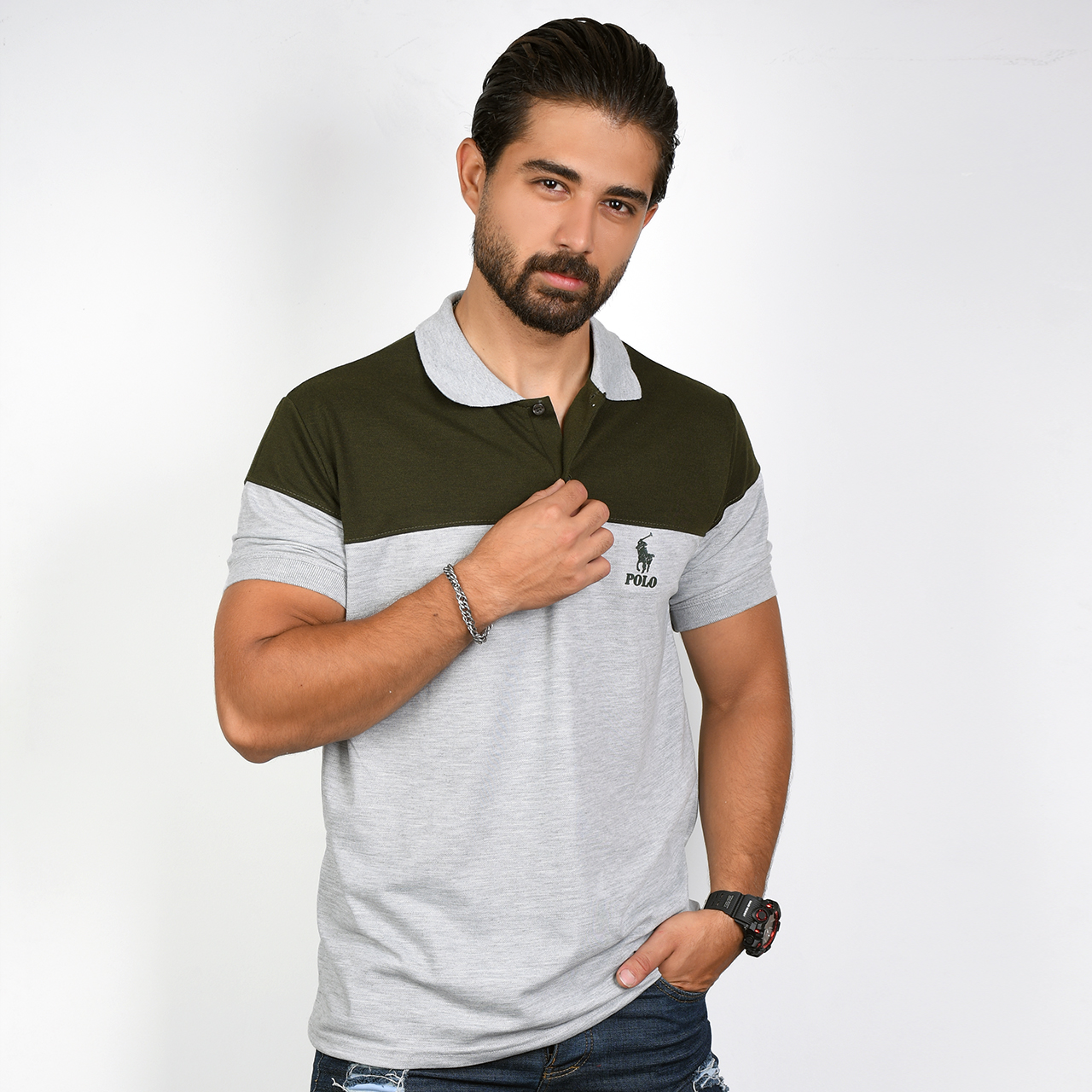 تیشرت مردانه POLO طوسی- سبز مردانه Mazyar