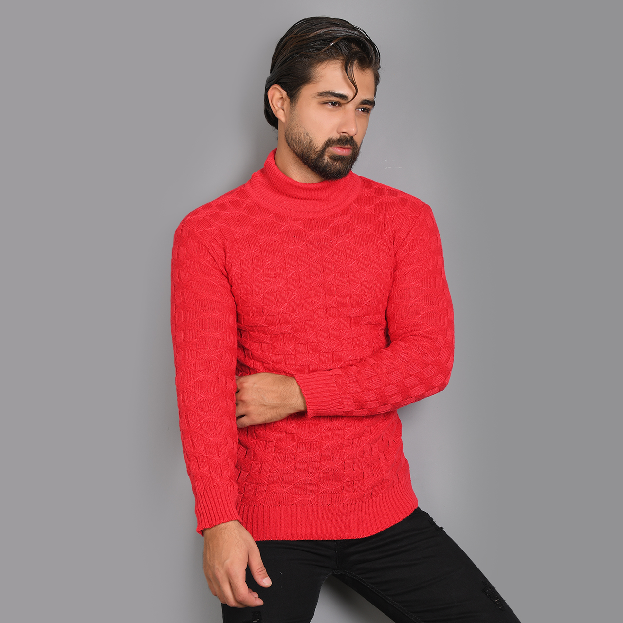 پلیور یقه اسکی قرمز طرح لوزی مردانه مدلG10