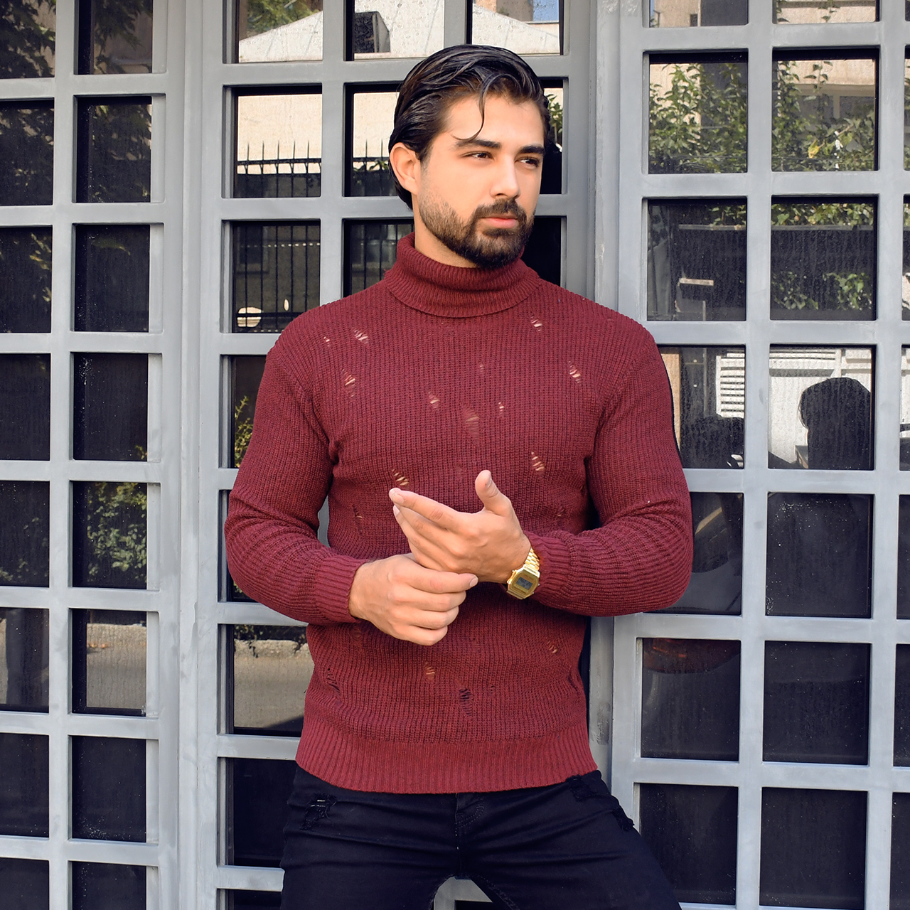 پلیور یقه اسکی زرشکی زاپ دار مردانه مدل U10