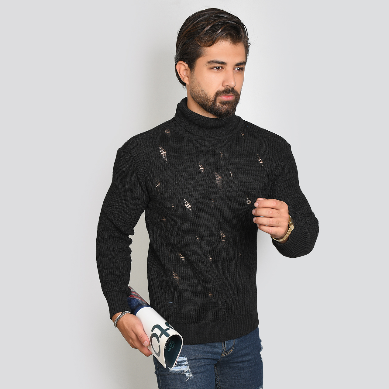 پلیور یقه اسکی مشکی زاپ دار مردانه مدل U10