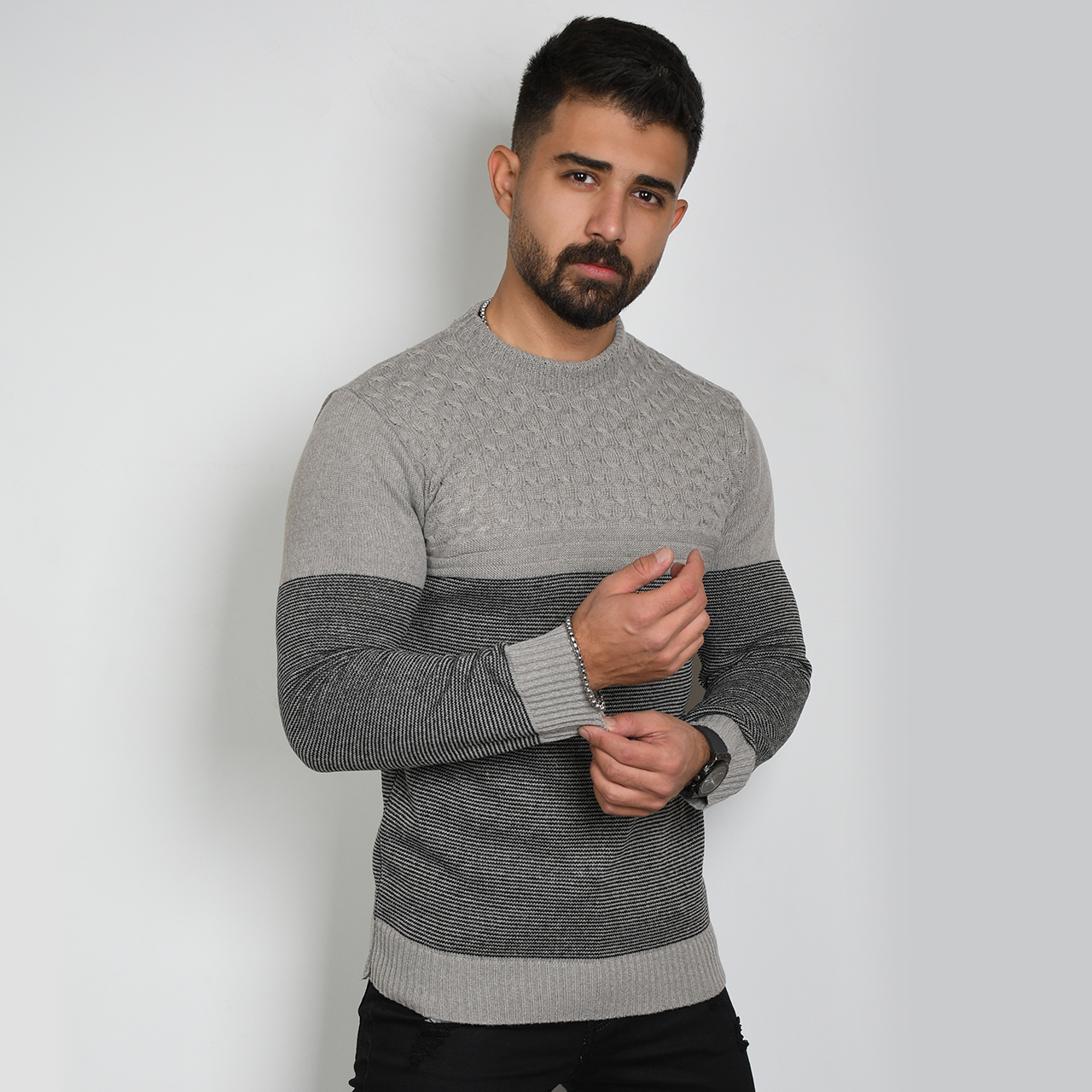 پلیور مردانه راه راه طوسی مدل navid