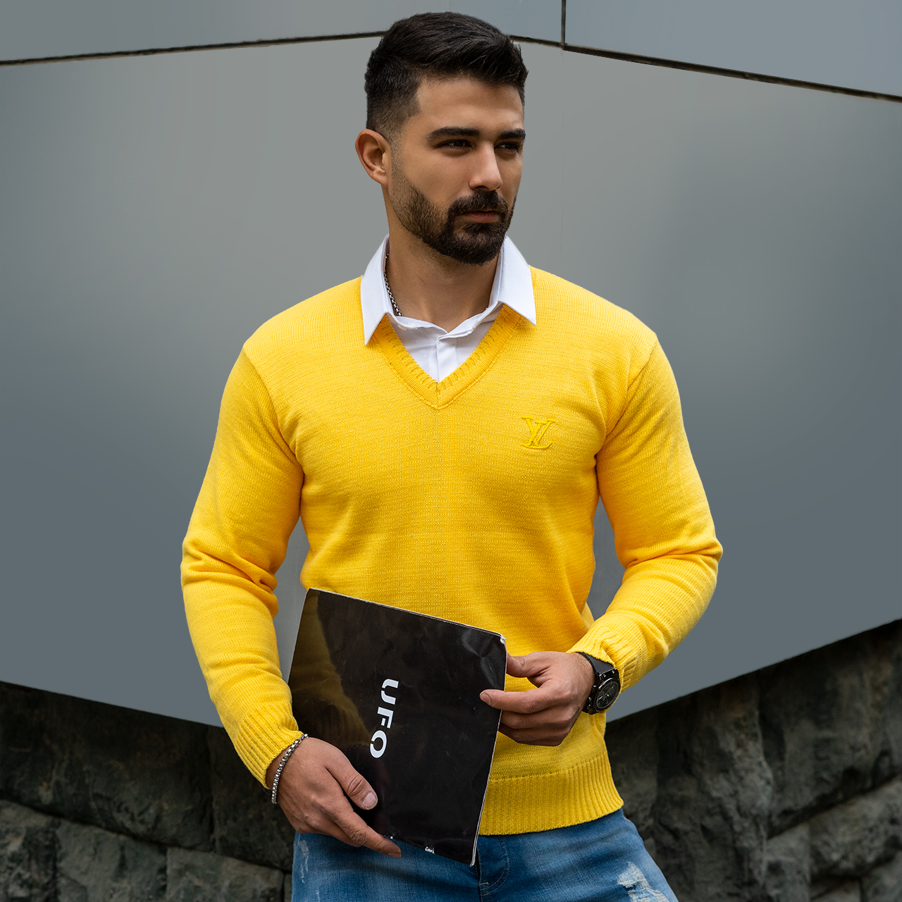 پلیوربافت یقه هفت زرد مردانه مدلETM