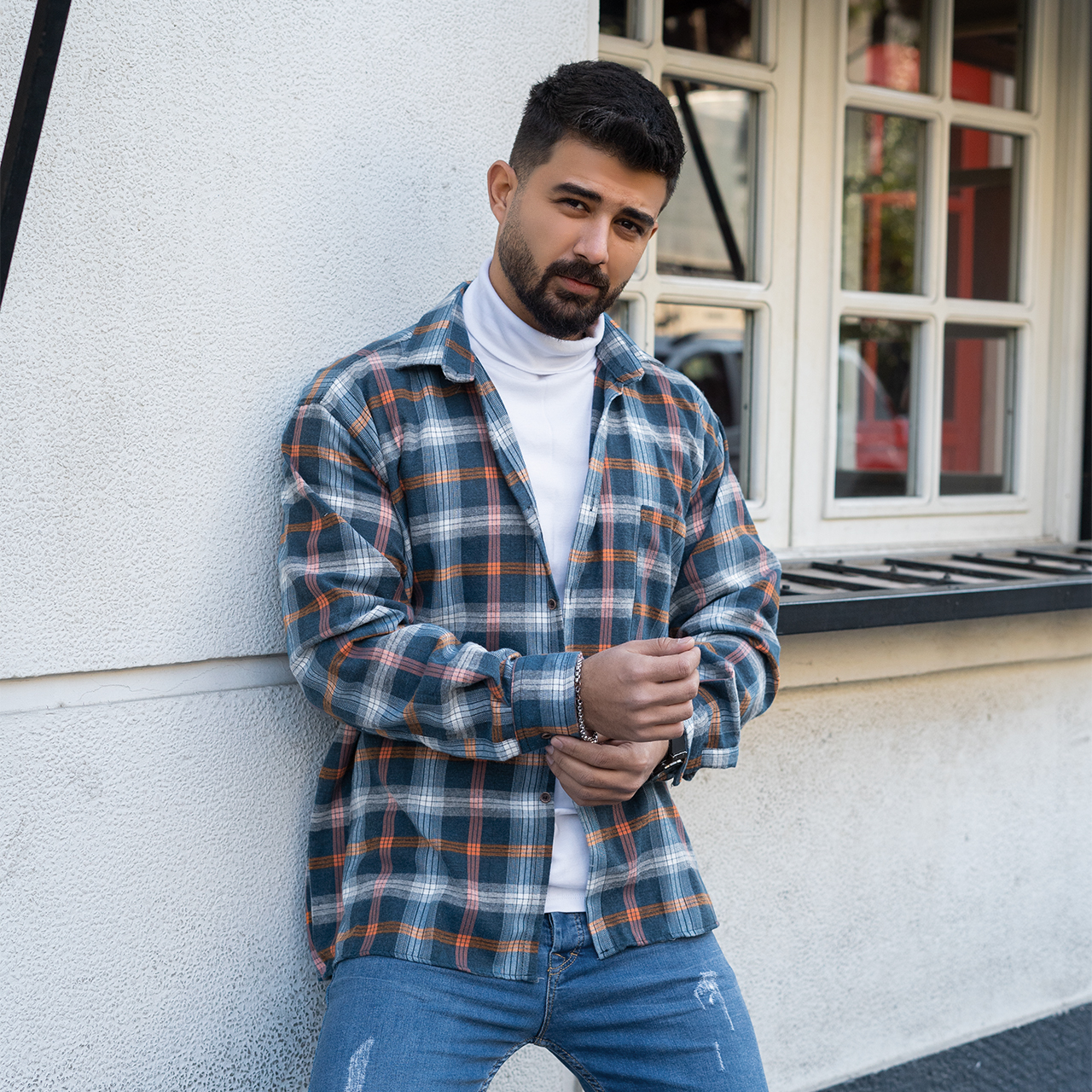 پیراهن مردانه چهارخونه آبی نارنجی مدل BEHRAD