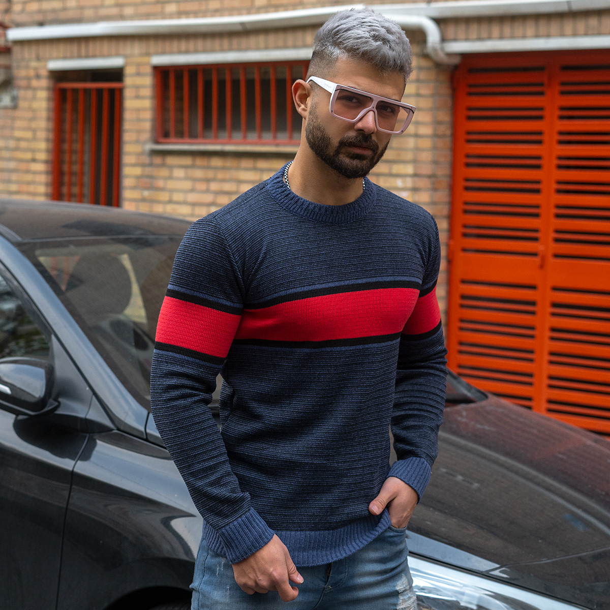 پلیور مردانه قرمز- سرمه ای مدل Madis
