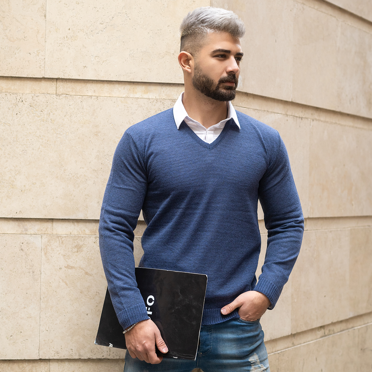 پلیوربافت یقه هفت سرمه ای مردانه مدل sorosh