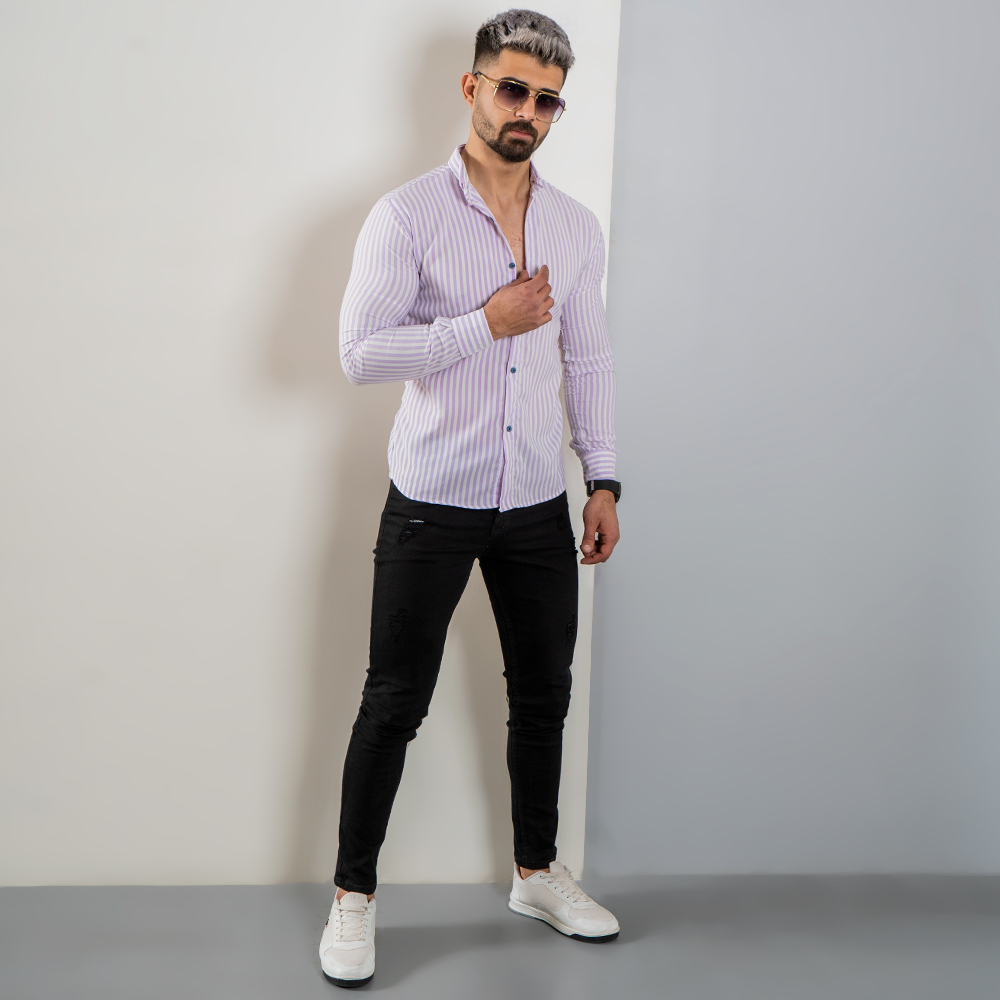 پیراهن راه راه سفید یاسی مردانه مدل HAMED