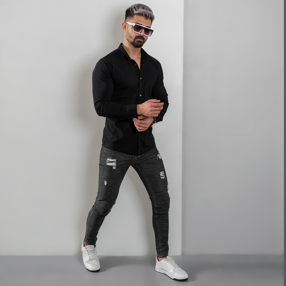 پیراهن مردانه مشکی ساده جیب دار مردانه مدل VQ