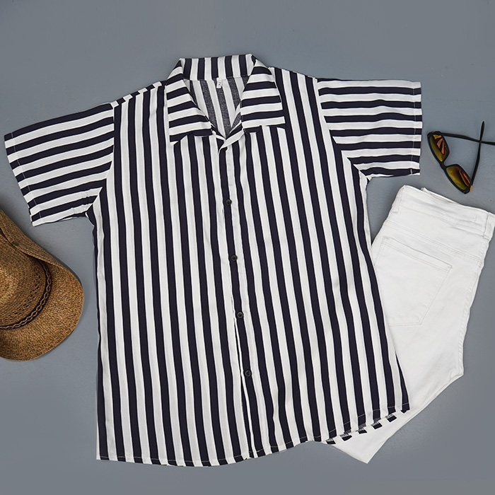 پیراهن مردانه هاوایی راه راه سفید مشکی مدل Siamand