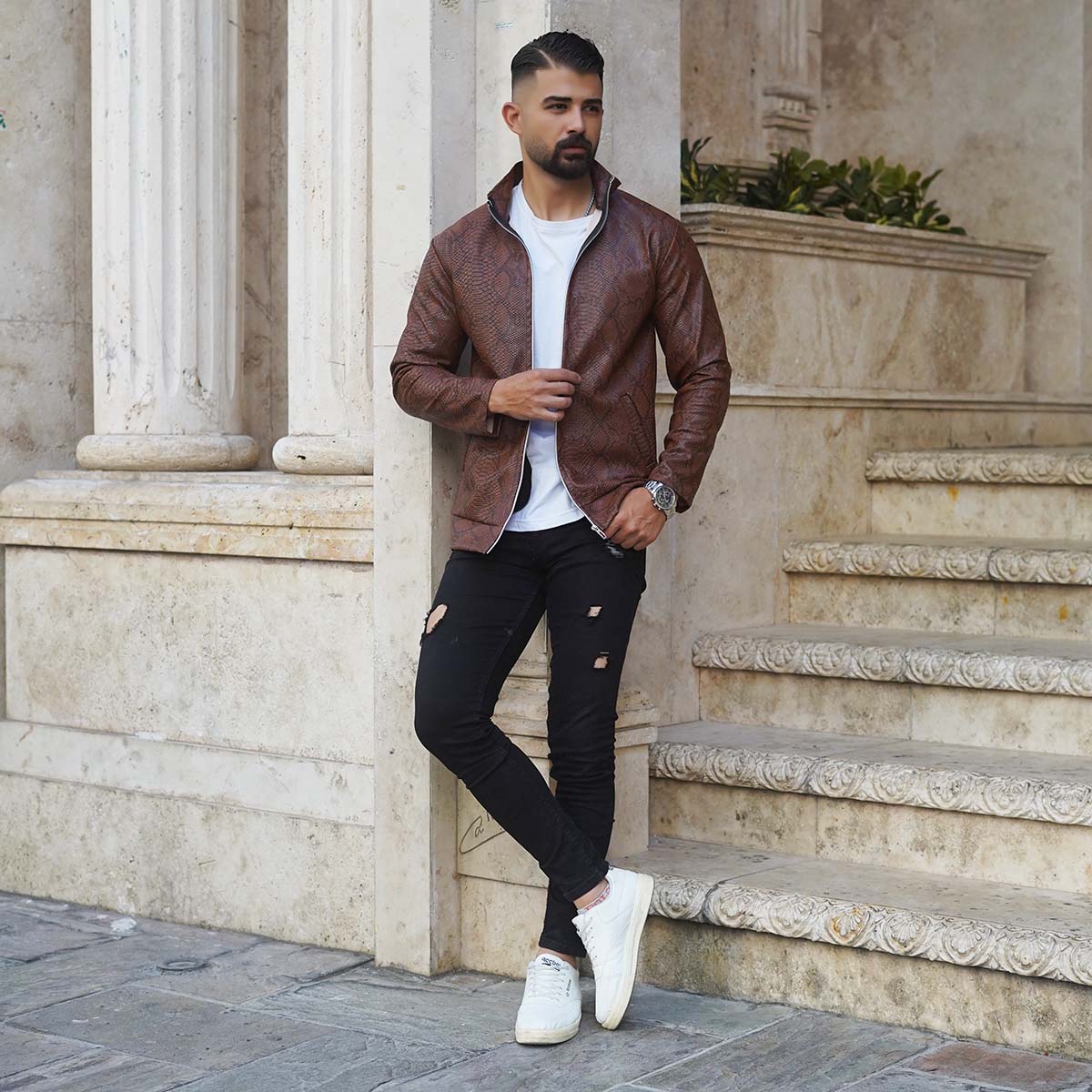 کاپشن چرم مردانه قهوه ای مدل Peyton