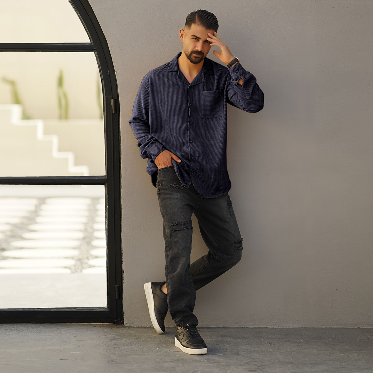 پیراهن مردانه کبریتی سرمه ای مدل Behtash