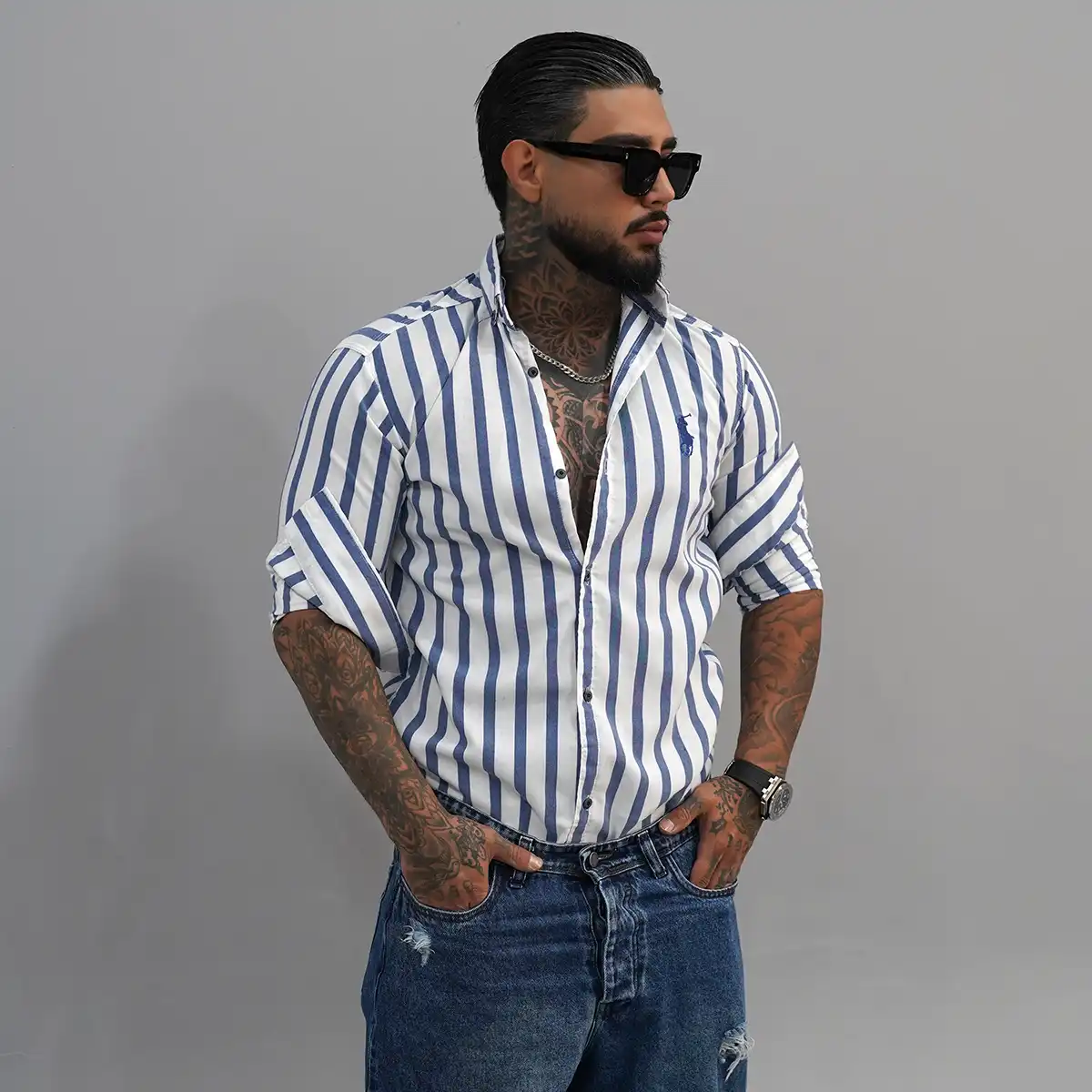 پیراهن مردانه سفید آبی مدل Hadi