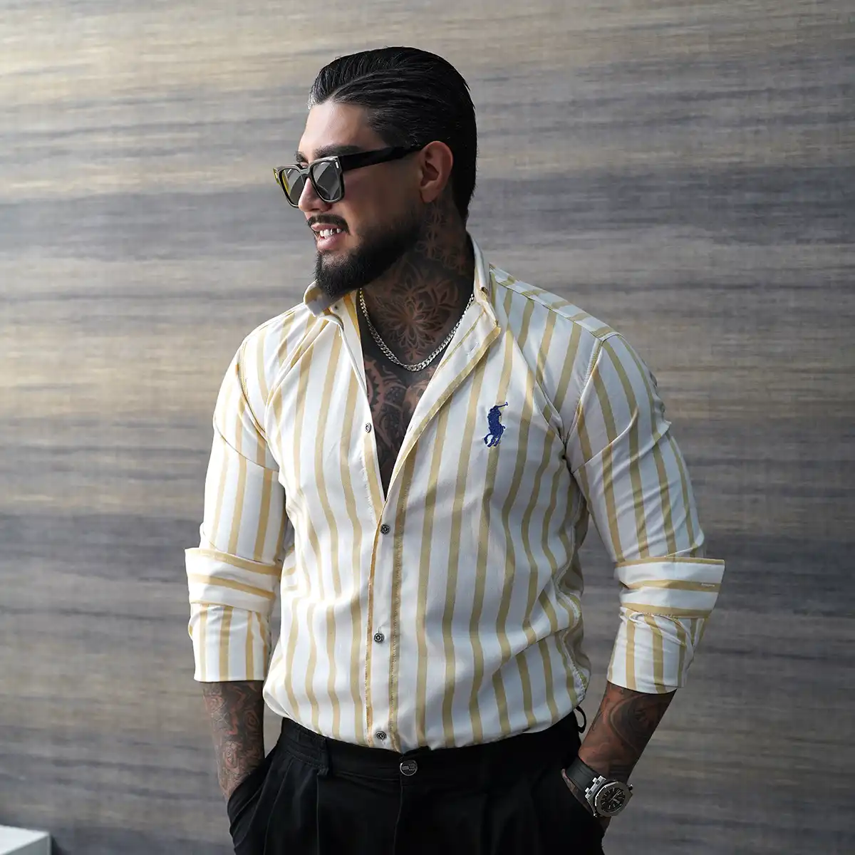 پیراهن مردانه سفید خردلی مدل Hadi