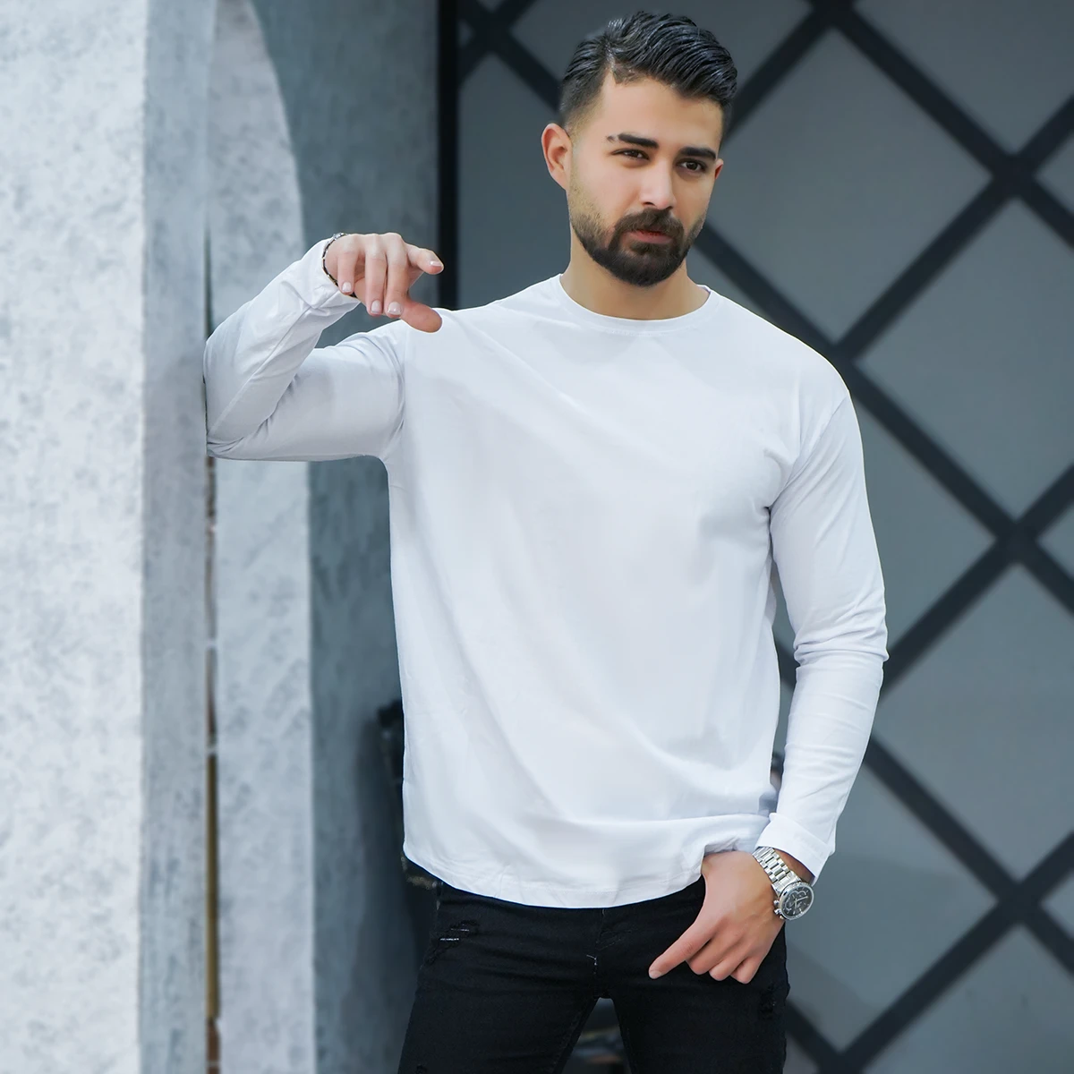 تیشرت آستین بلند سفید مردانه مدل Vala