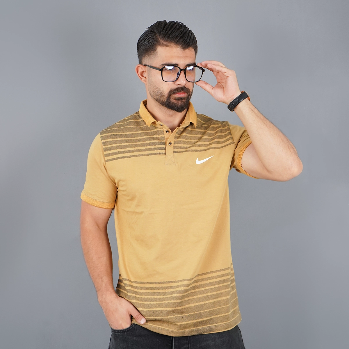 تیشرت یقه دار راه راه زرد مدل Farhan