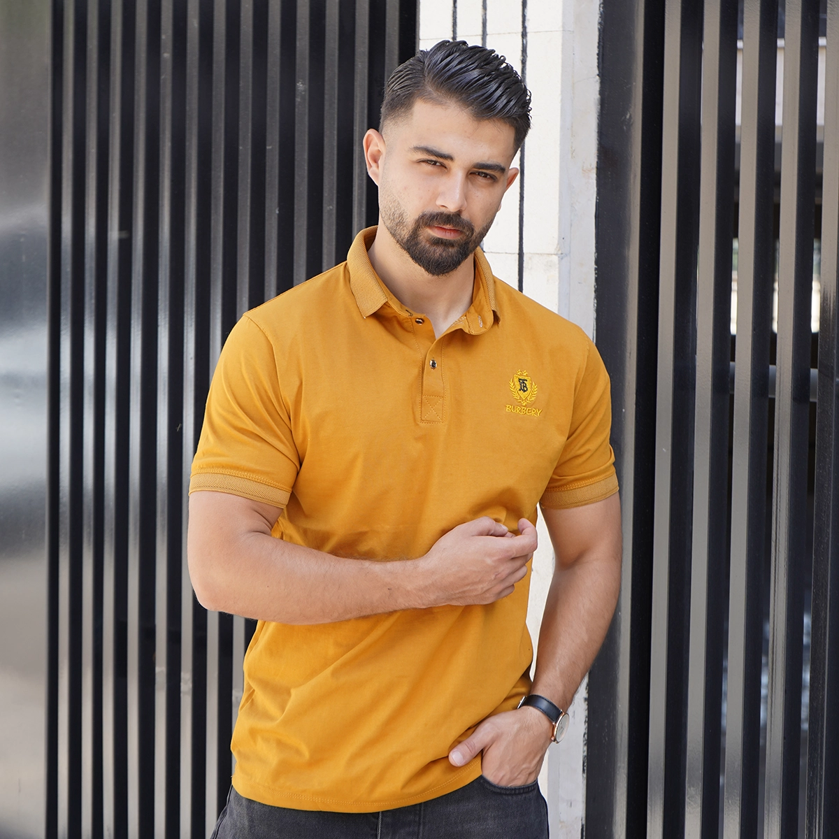 تیشرت یقه دار خردلی مردانه مدل Taha