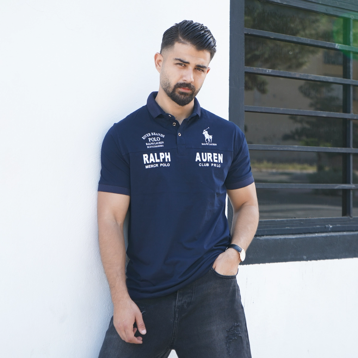 تیشرت یقه دار سرمه ای مردانه مدل Ralph