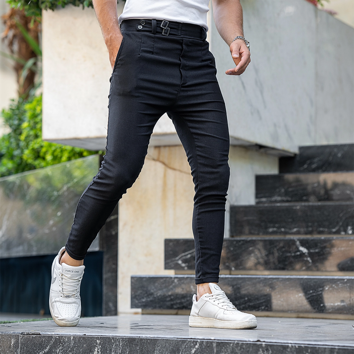 شلوار مردانه مشکی دو دکمه دو سگک مدل kyanosh