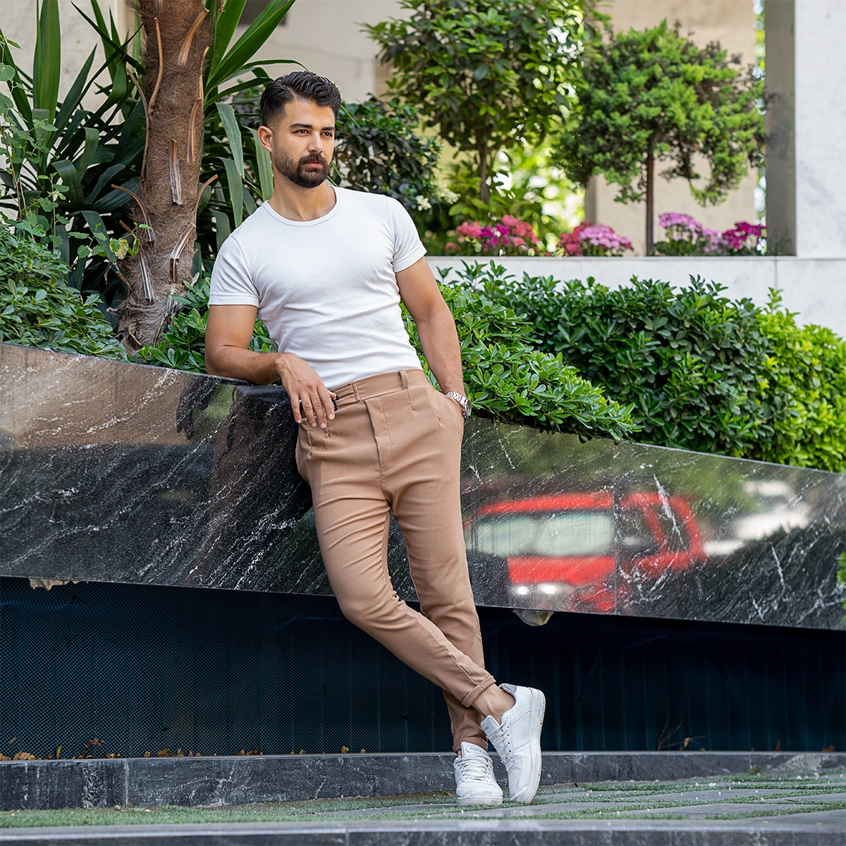 شلوار مردانه کرم دو دکمه دو سگک مدل kyanosh