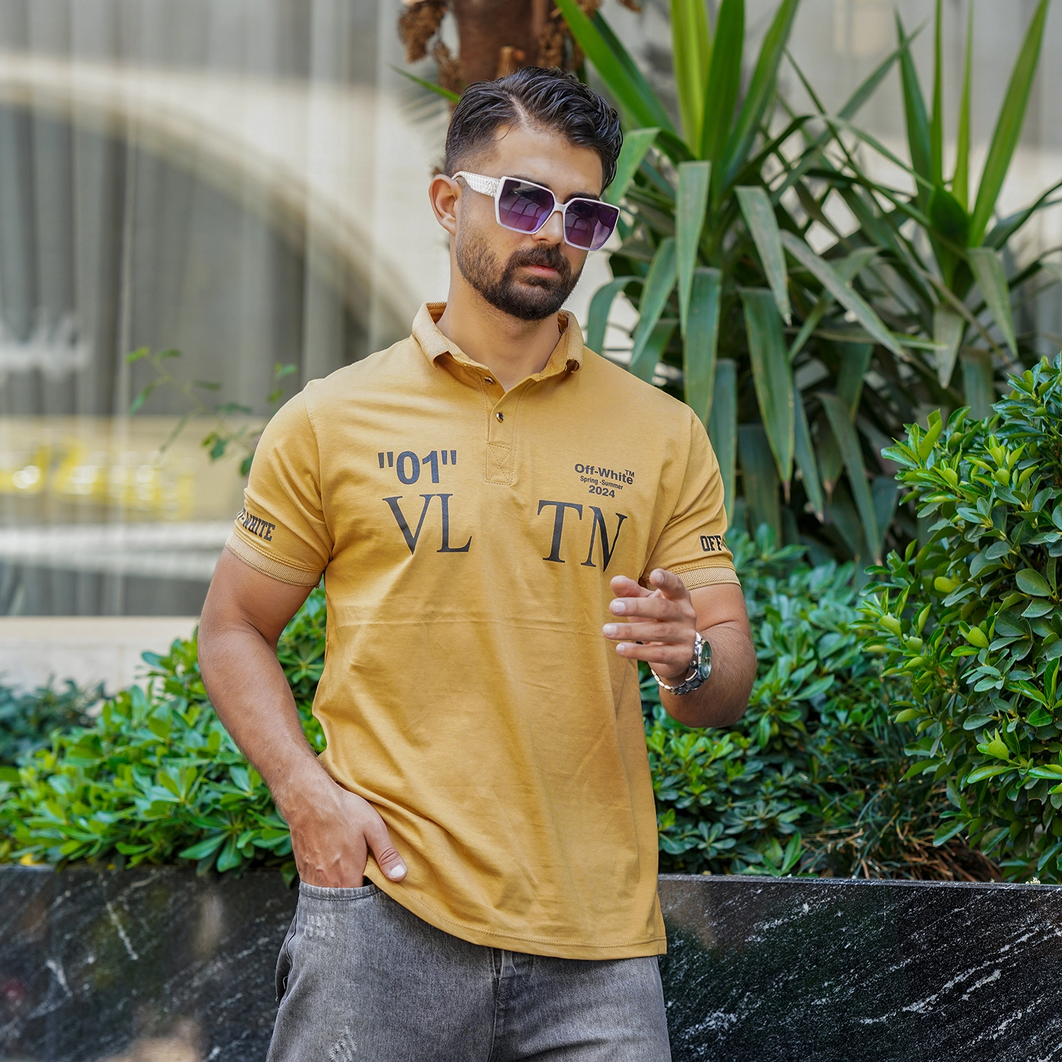 تیشرت مردانه خردلی مدل 01-LV