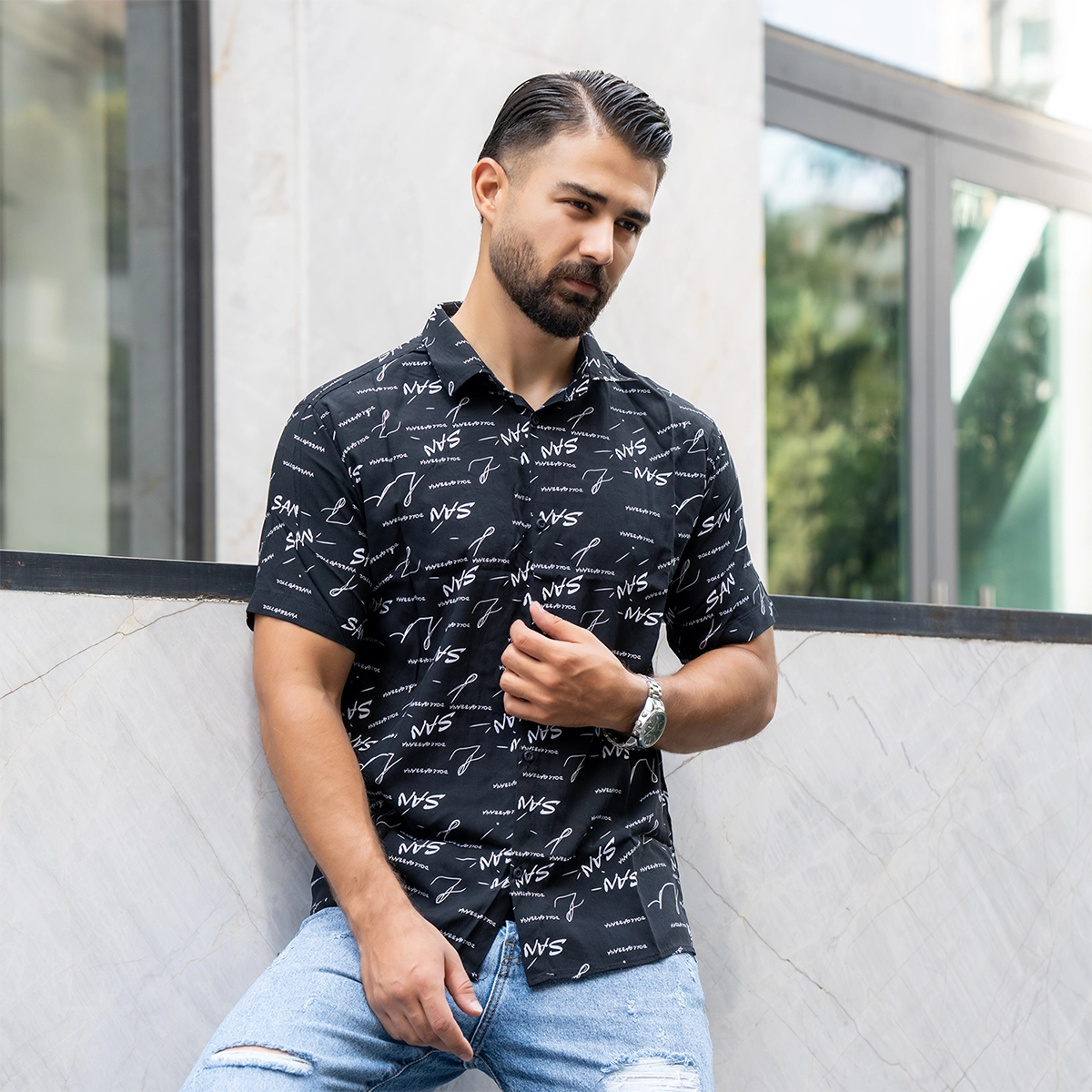پیراهن هاوایی مشکی مردانه مدل San