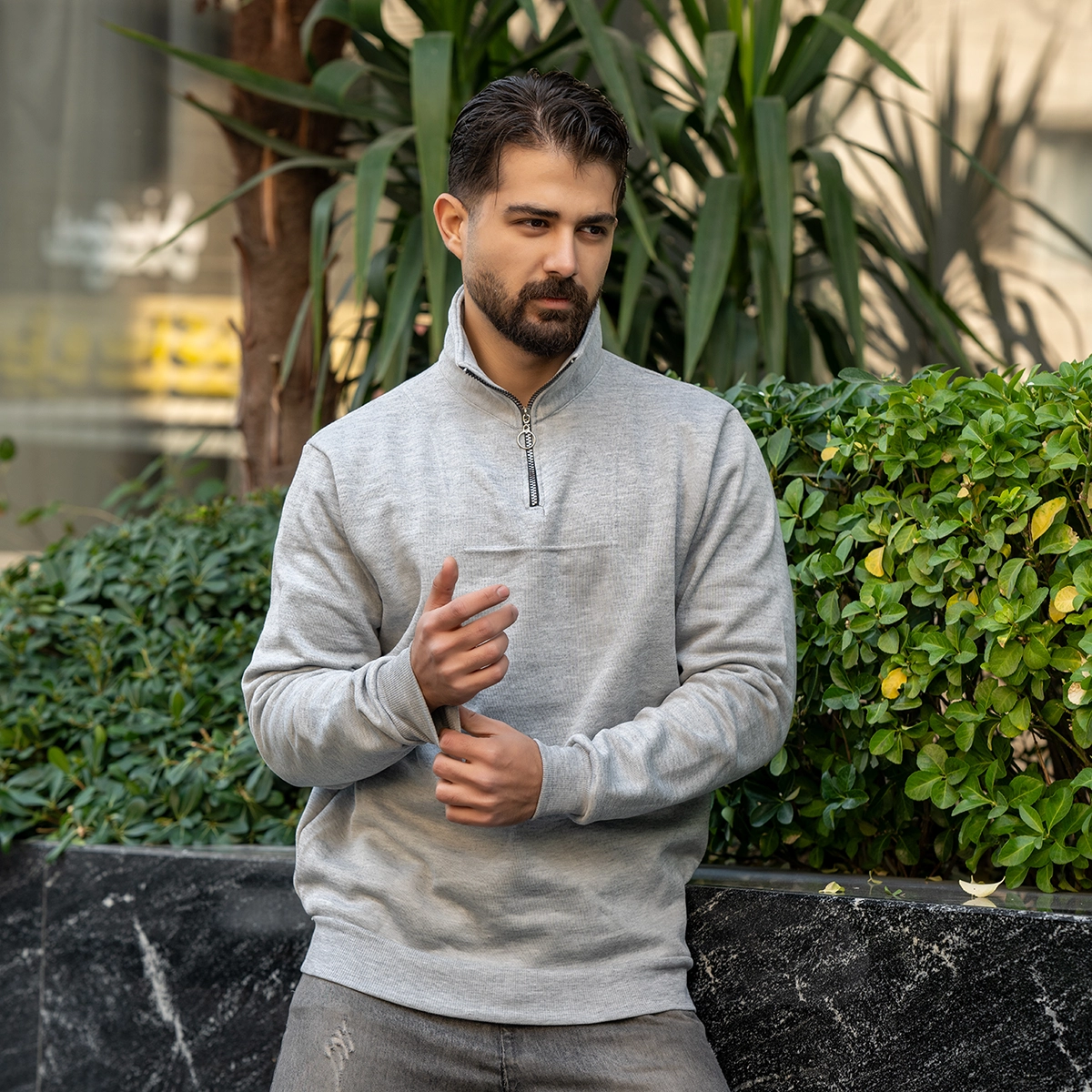 هودی نیم زیپ مردانه طوسی مدل Shobin